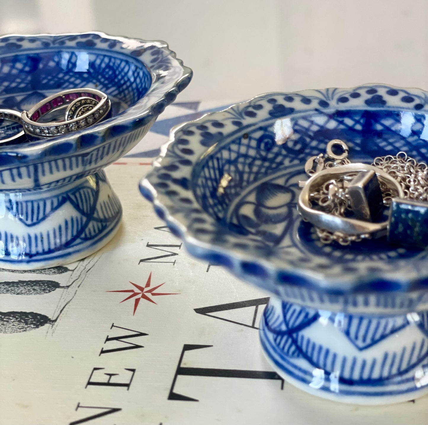 Pair of Vintage Blue & White Pedestal Dishes
