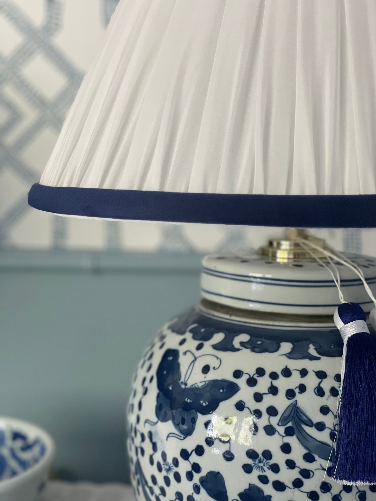 White Silk with Navy Velvet Lamp Shade