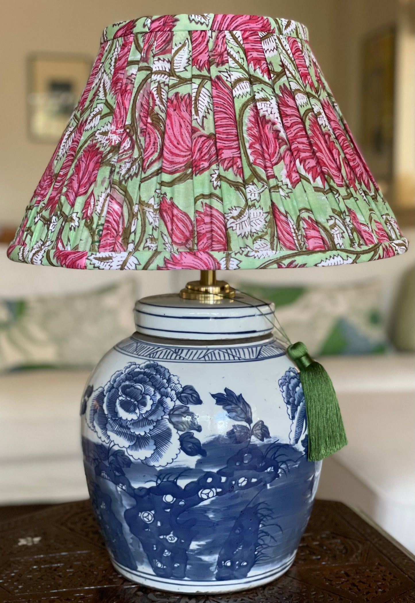 Lychee Block-Print Cotton Gathered Lamp Shade with Peony base
