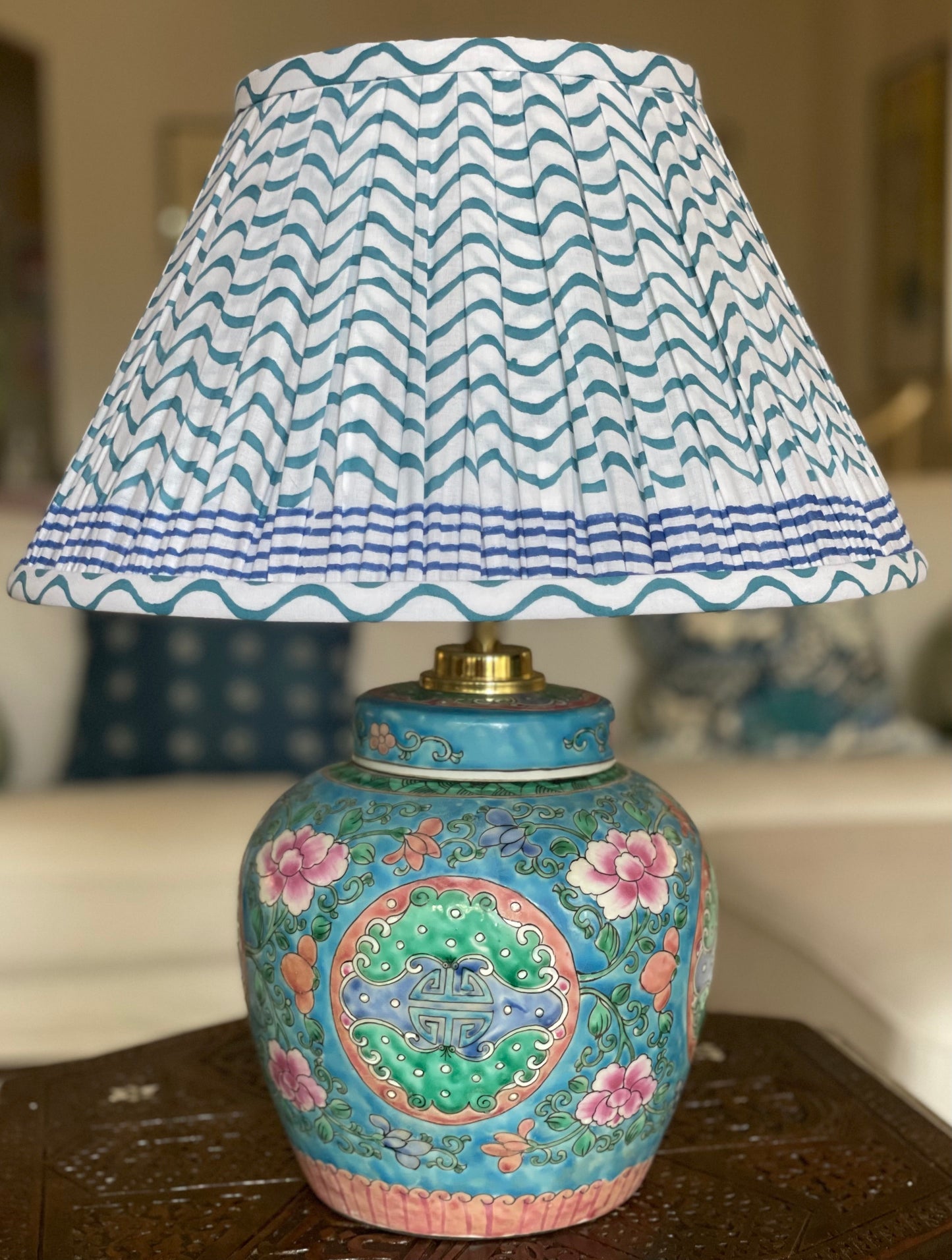 Aqua Squiggle Block-Print Cotton Gathered Lamp Shade with blue famille rose lamp
