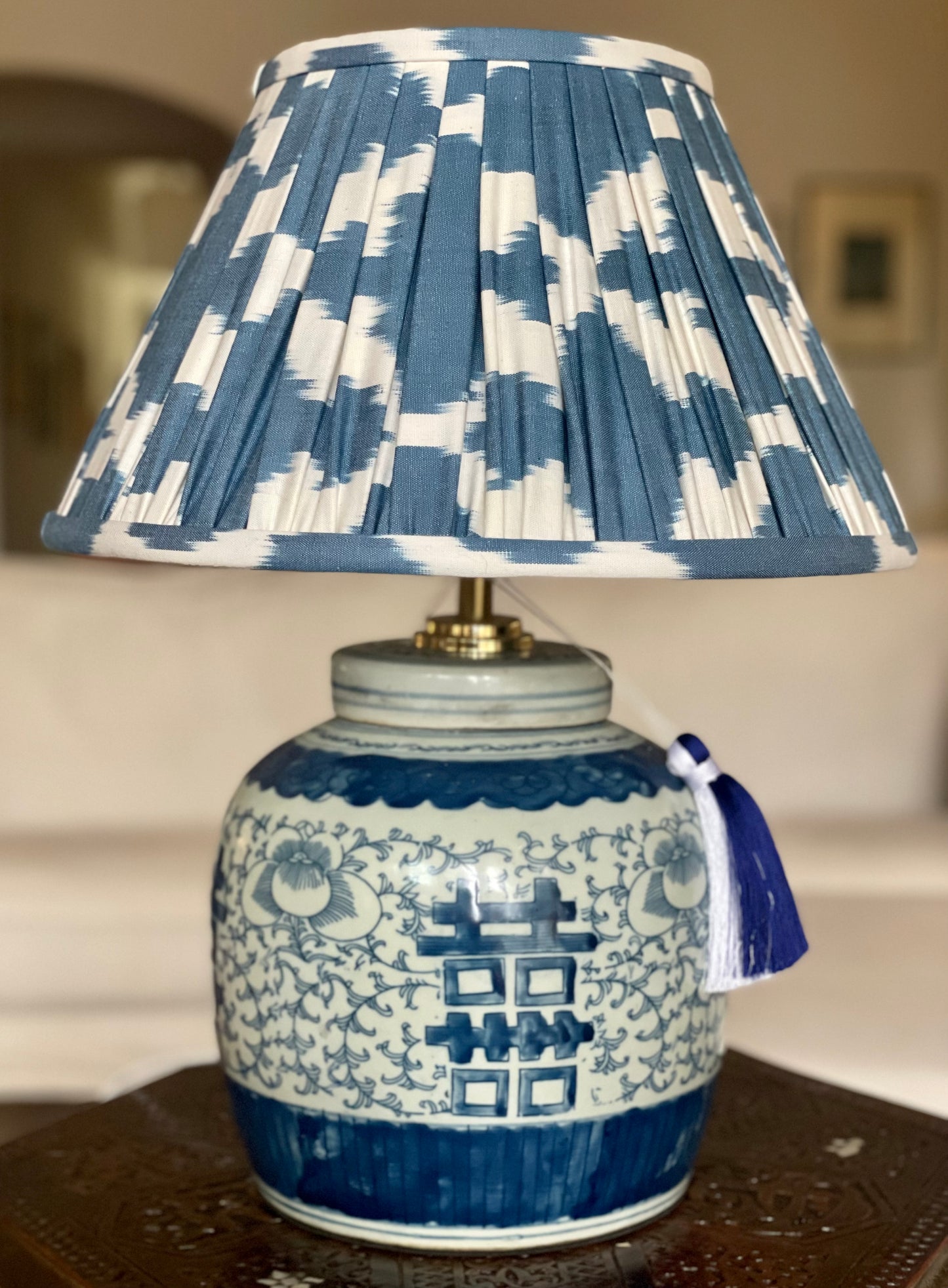 Steel Ikat Lamp Shade with Double Happiness ginger jar lamp