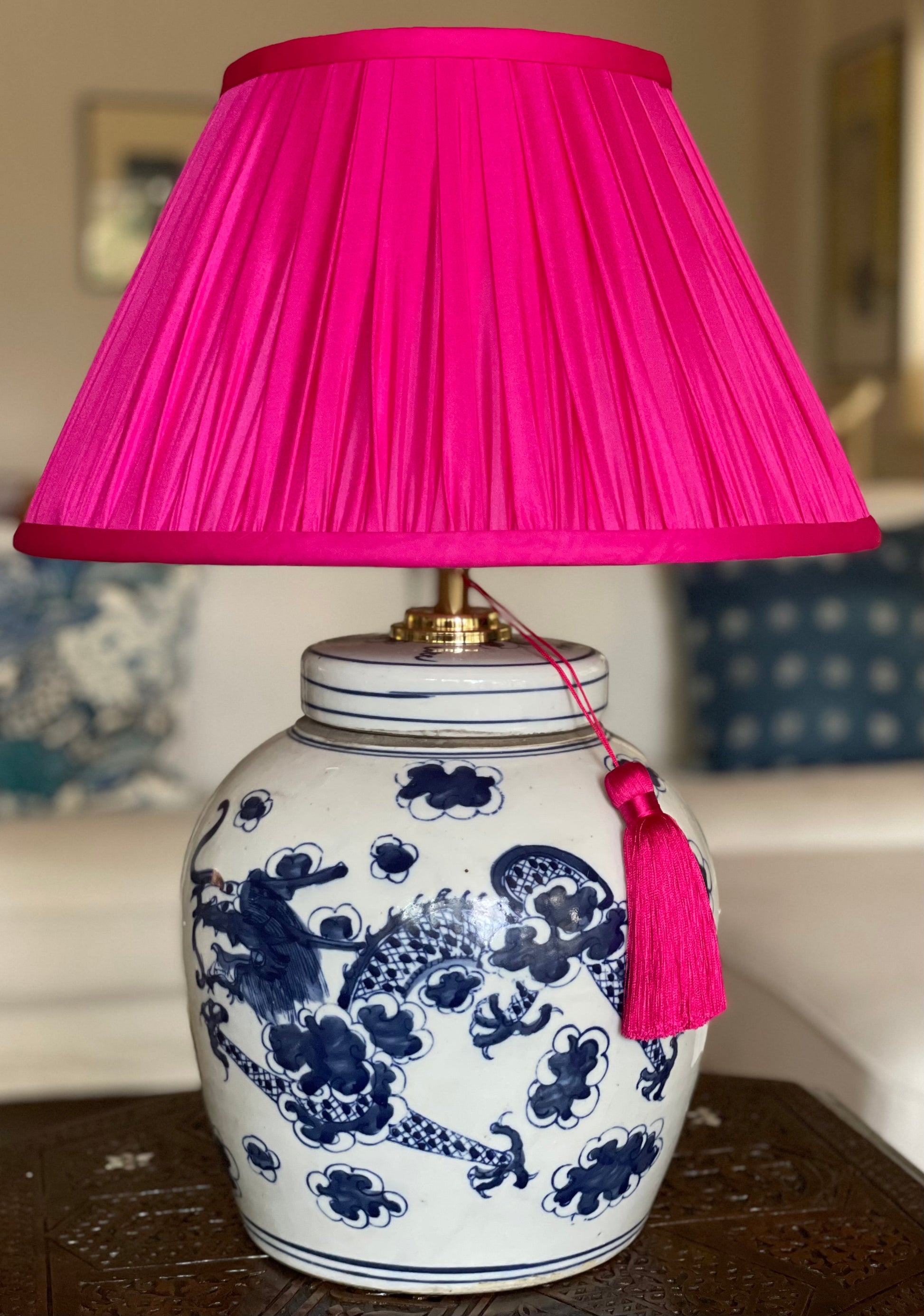 Magenta Silk Dupion Gathered Lamp Shade with dragon lamp base