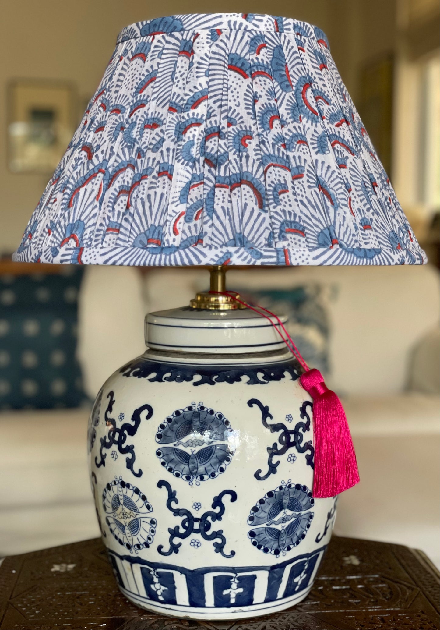 Anenome Block-Print Cotton Gathered Lamp Shade with Butterfly Pairs base