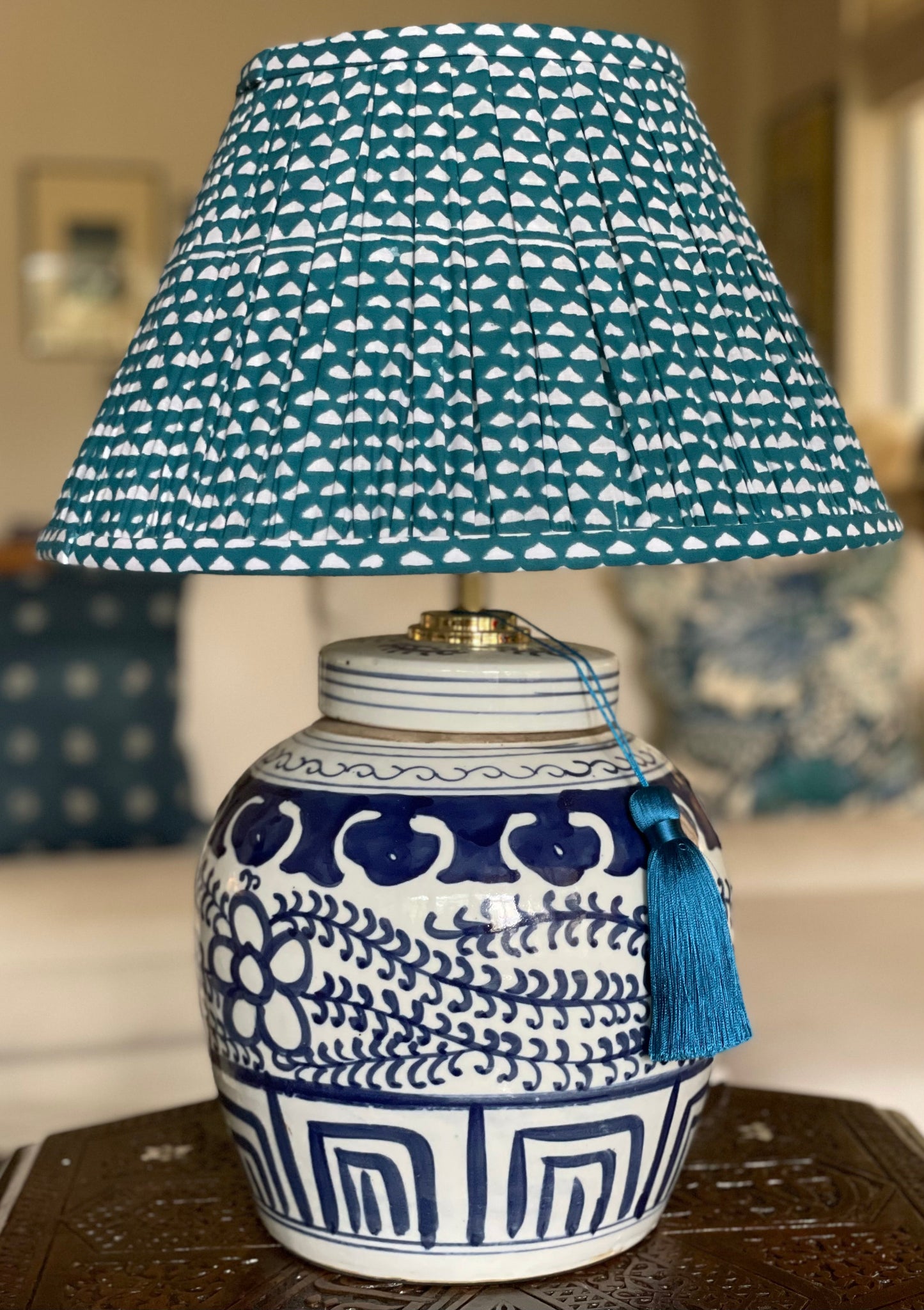 Azure Block-Print Cotton Gathered Lamp Shade with Ruyi Lamp