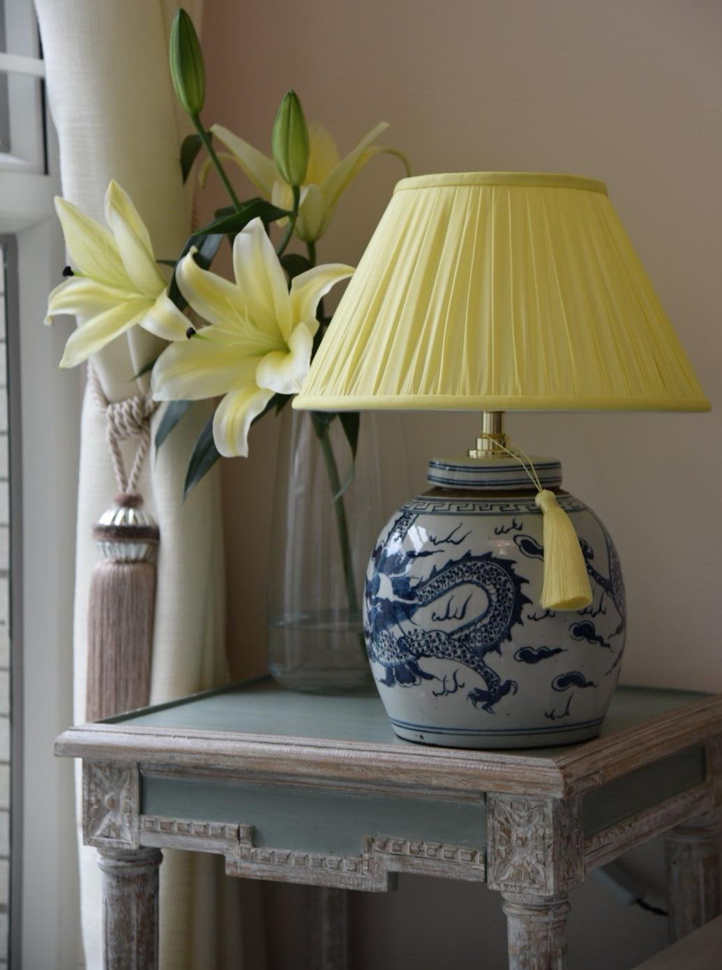 imperial yellow silk shade with dragons ginger jar base