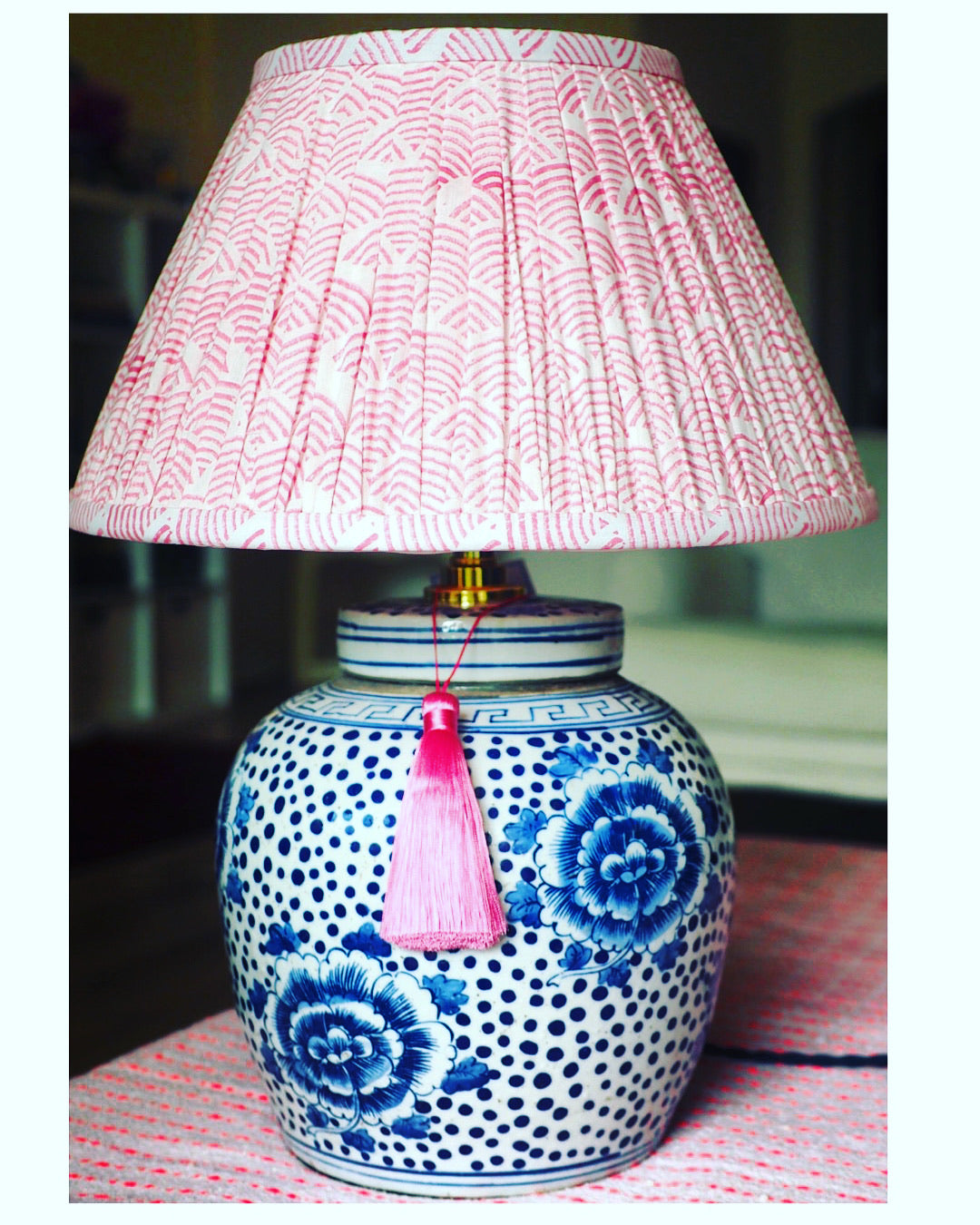rose ponk woodblock shade with peony polkadot base