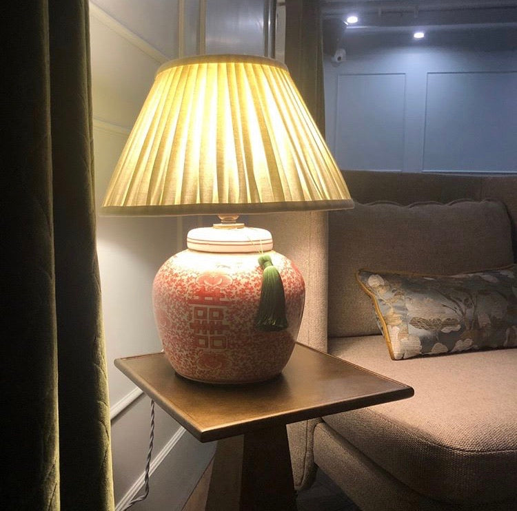 buttermilk linen shade and coral ginger jar base