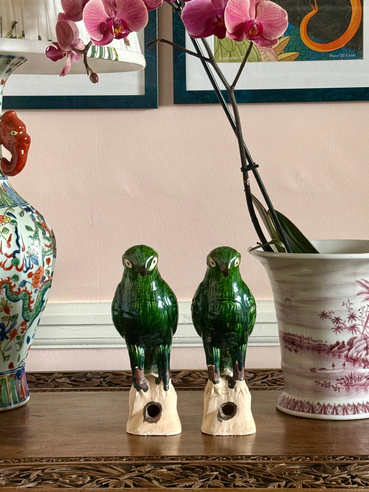 Green Ceramic Parrot Figurines - Pair