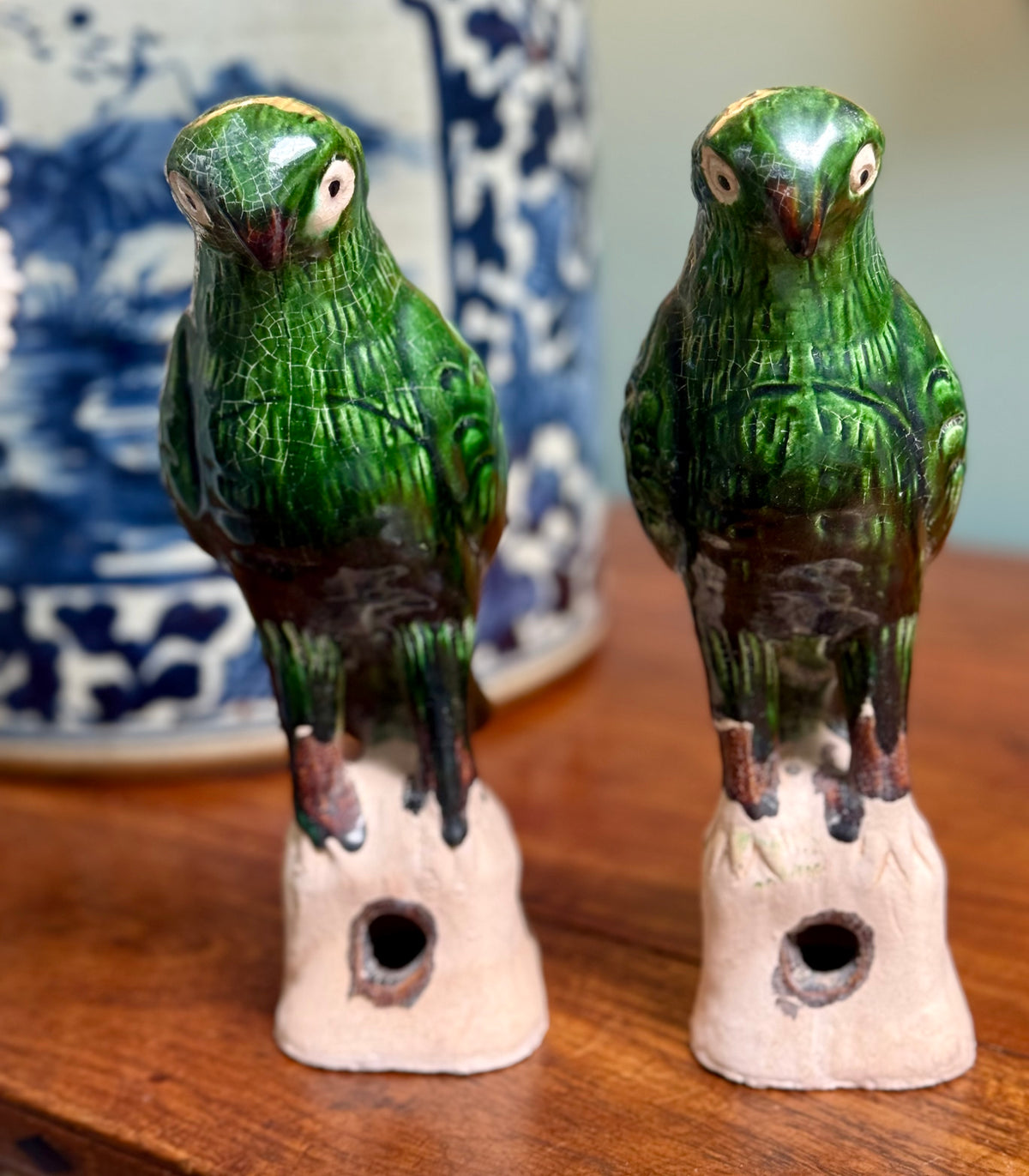 Green Ceramic Parrot Figurines - Pair