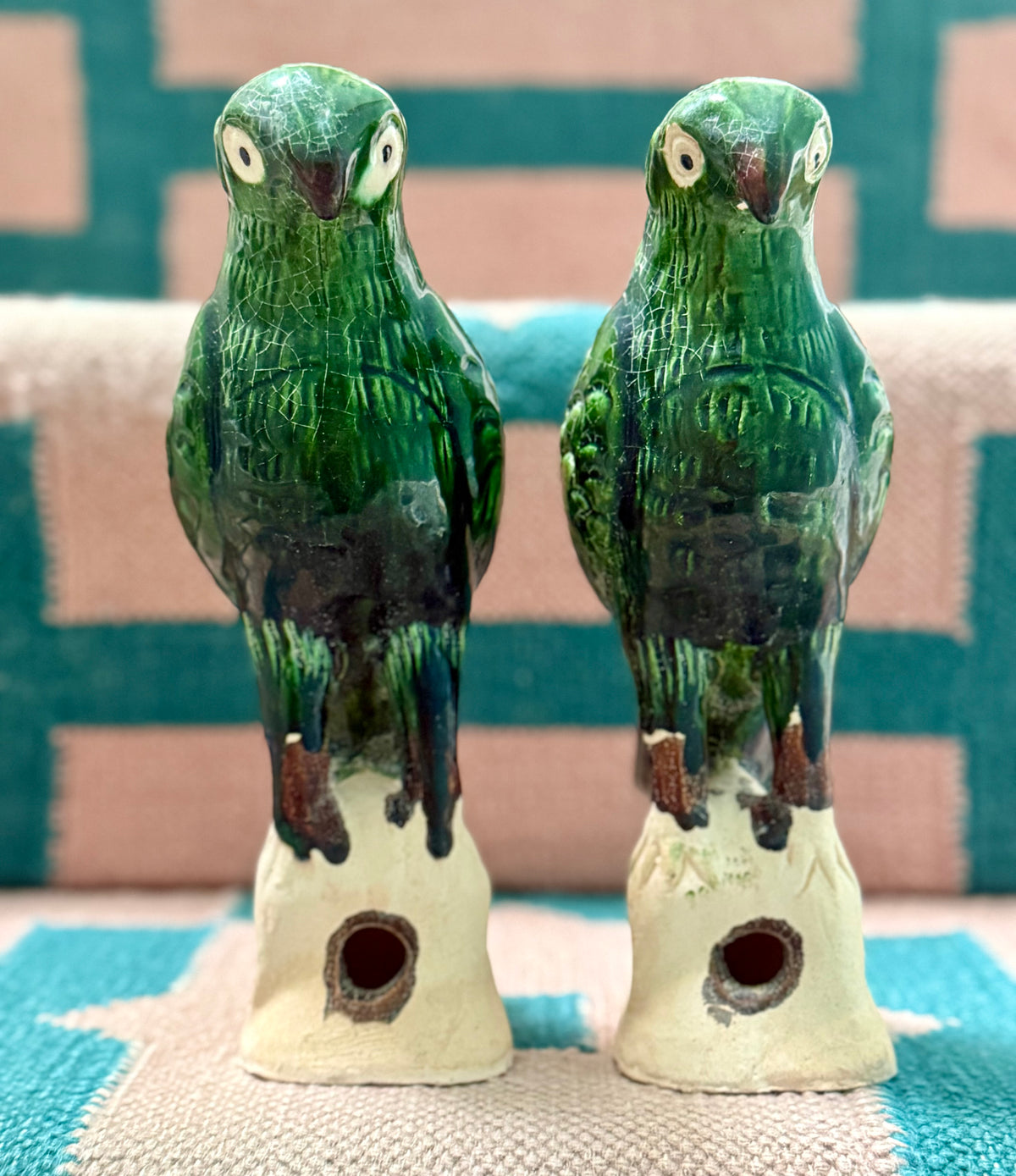 Green Ceramic Parrot Figurines - Pair