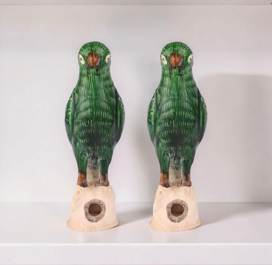 Green Ceramic Parrot Figurines - Pair