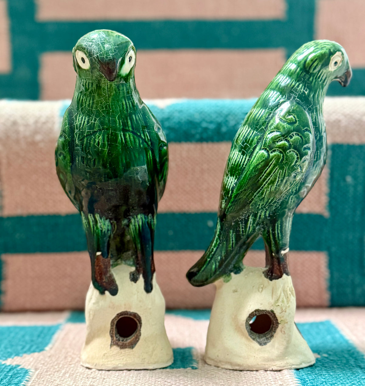 Green Ceramic Parrot Figurines - Pair