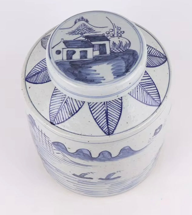 Village Scene Lidded Jar