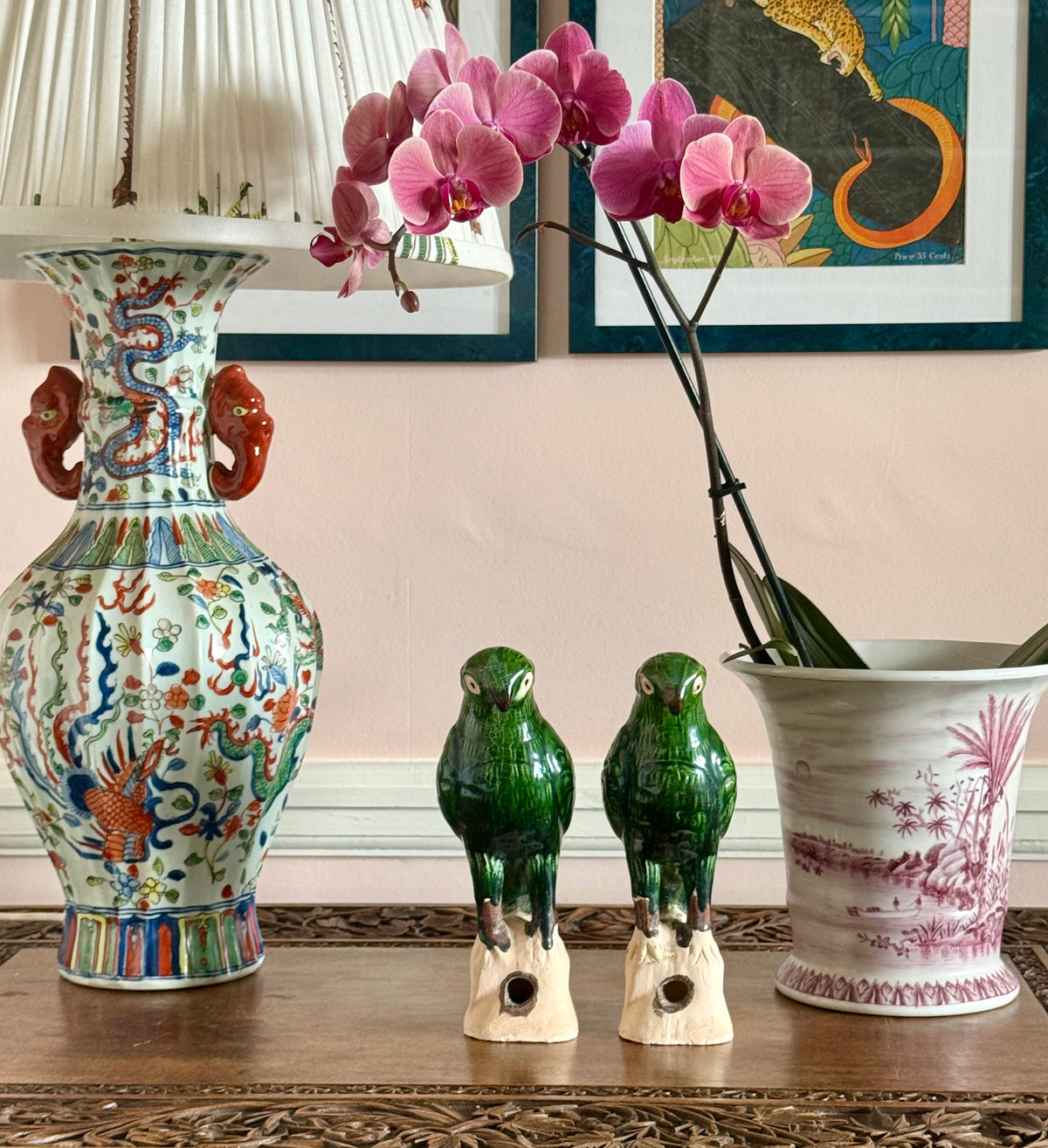 Green Ceramic Parrot Figurines - Pair