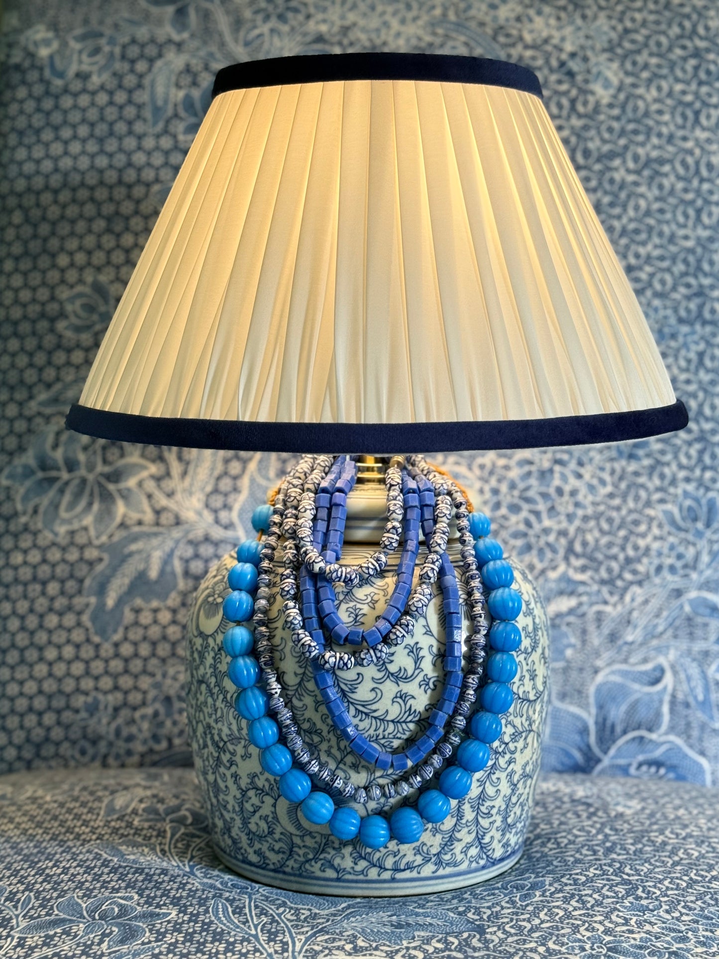 White Silk with Navy Velvet Lamp Shade
