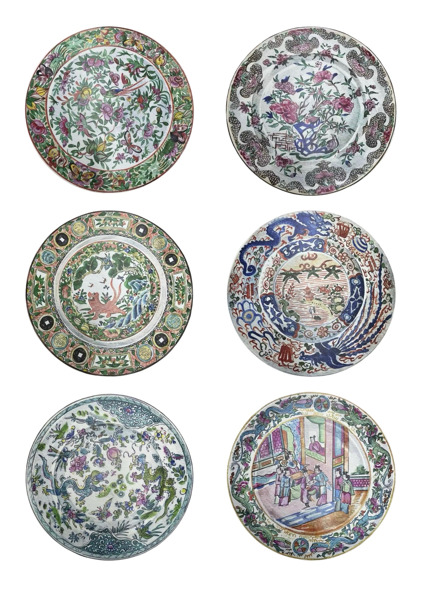 Antique Chinese Plates Coaster Set - Coloured