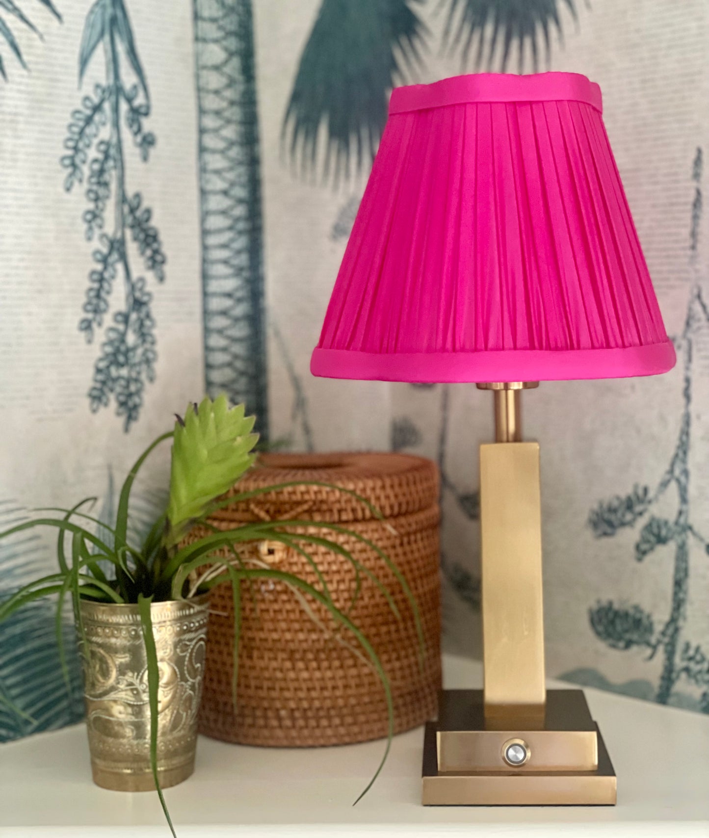 Pillar rechargeable lamp (with Magenta silk shade)