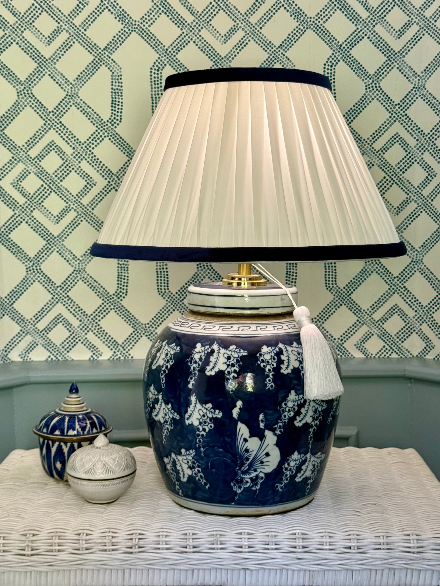 White Silk with Navy Velvet Lamp Shade