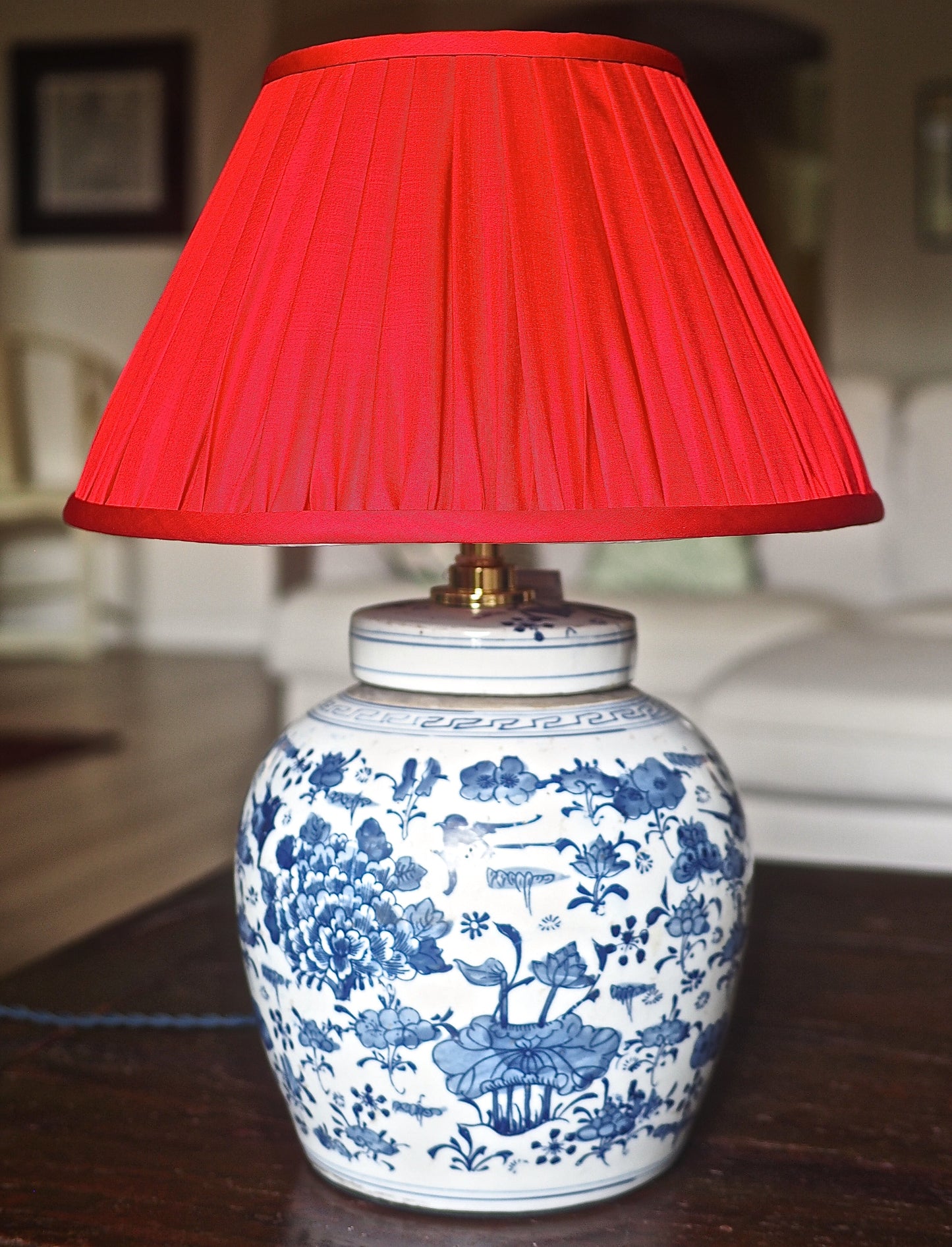 Ruby Thai Silk Gathered Lamp Shade with magpie ginger jarbase