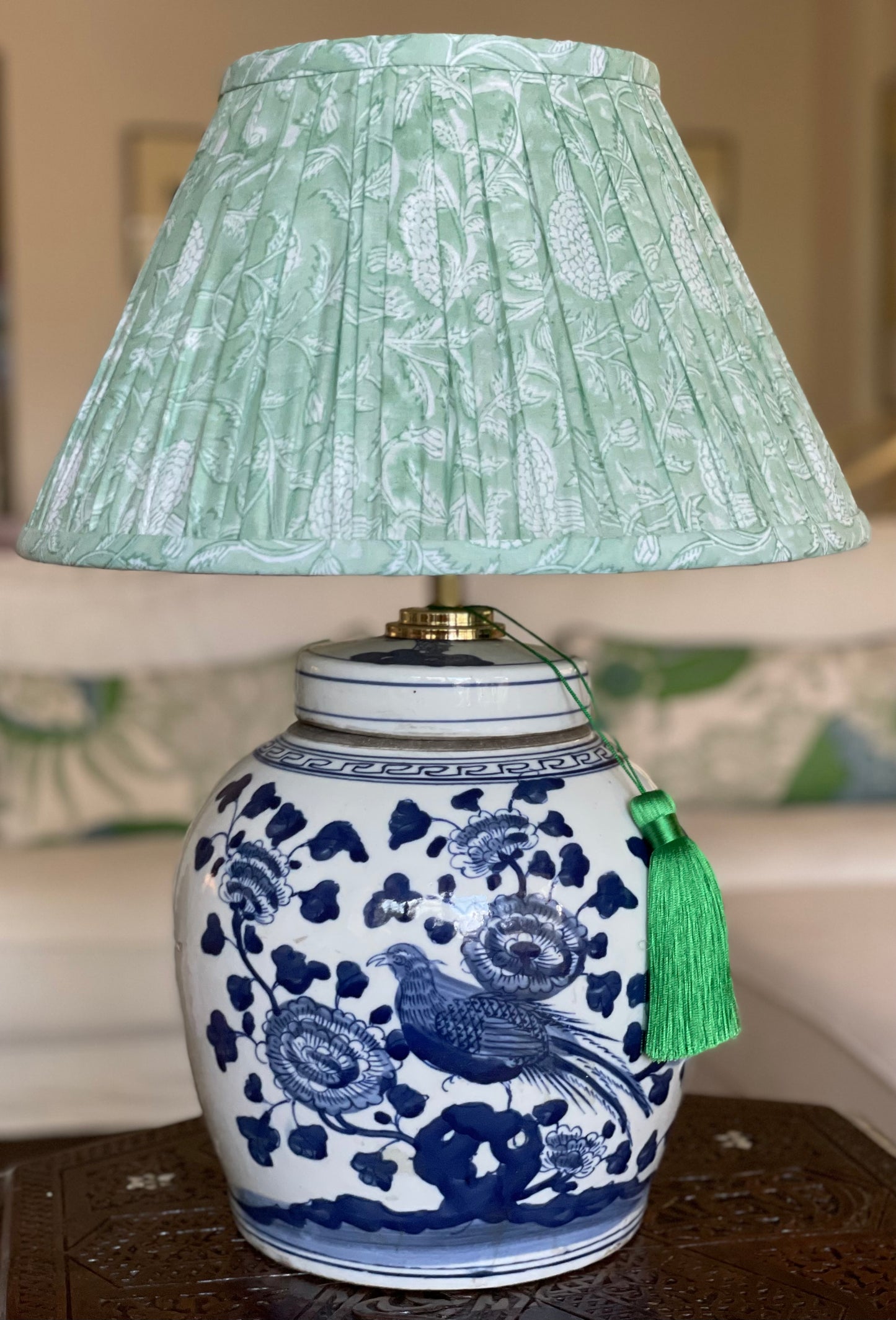 Sage Block-Print Cotton Gathered Lamp Shade with Pheasant base