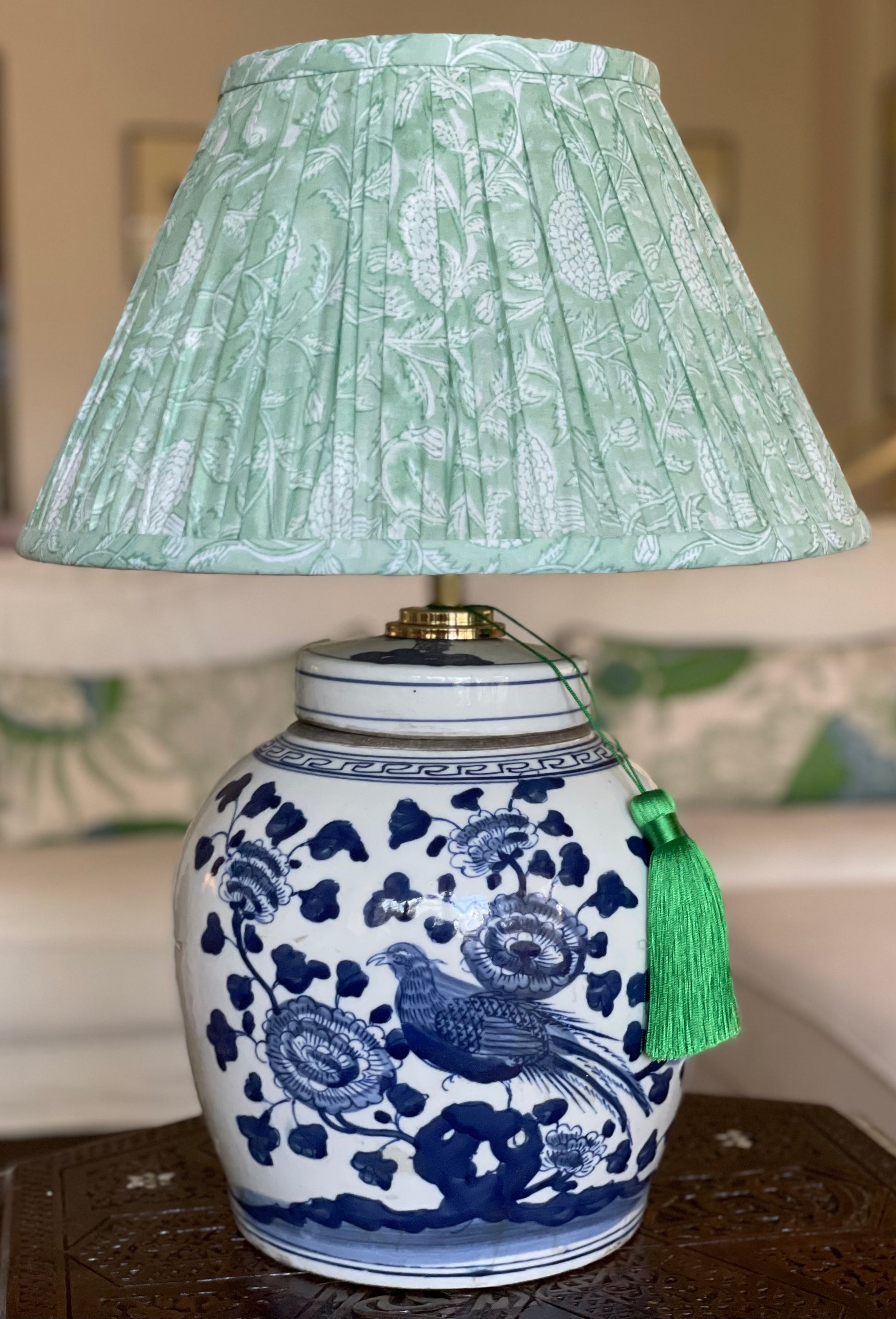 Sage Block-Print Cotton Gathered Lamp Shade with Pheasant base