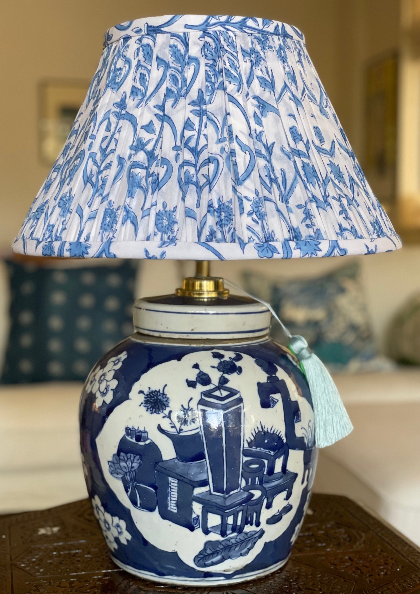 Santorini Block-Print Cotton Gathered Lamp Shade with Blue Vase base