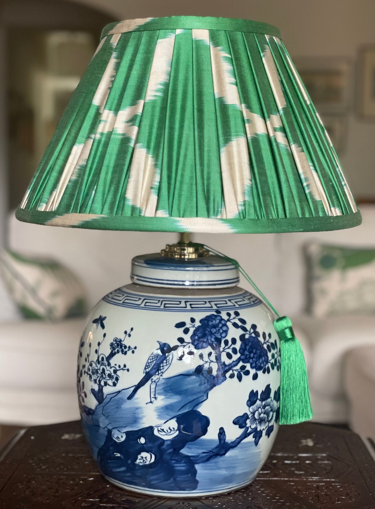 Shamrock Silk IKat Lamp Shade with Bird ginger jar lamp base