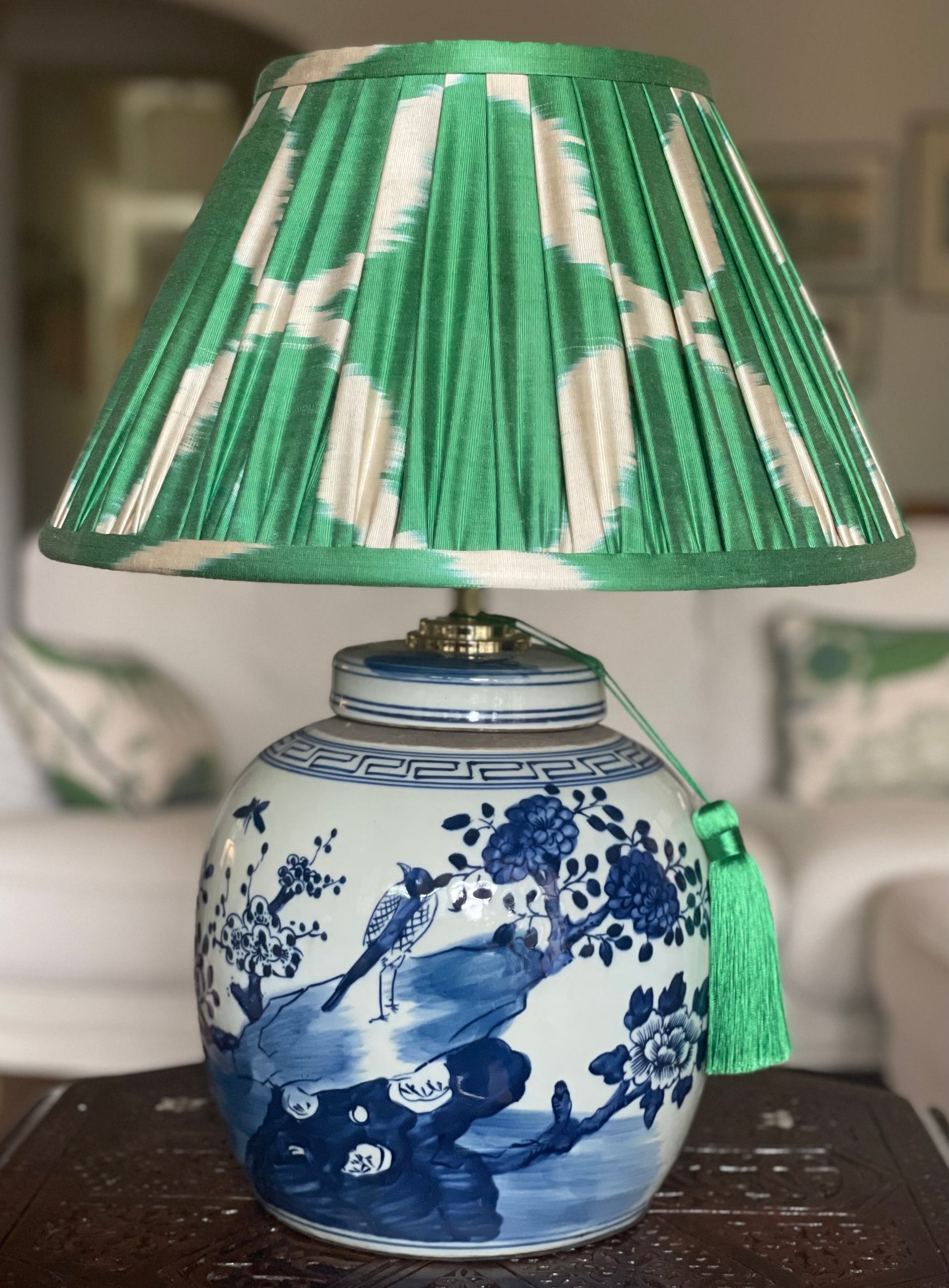 Shamrock Silk IKat Lamp Shade with Bird ginger jar lamp base