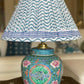 Aqua Squiggle Block-Print Cotton Gathered Lamp Shade with blue famille rose lamp