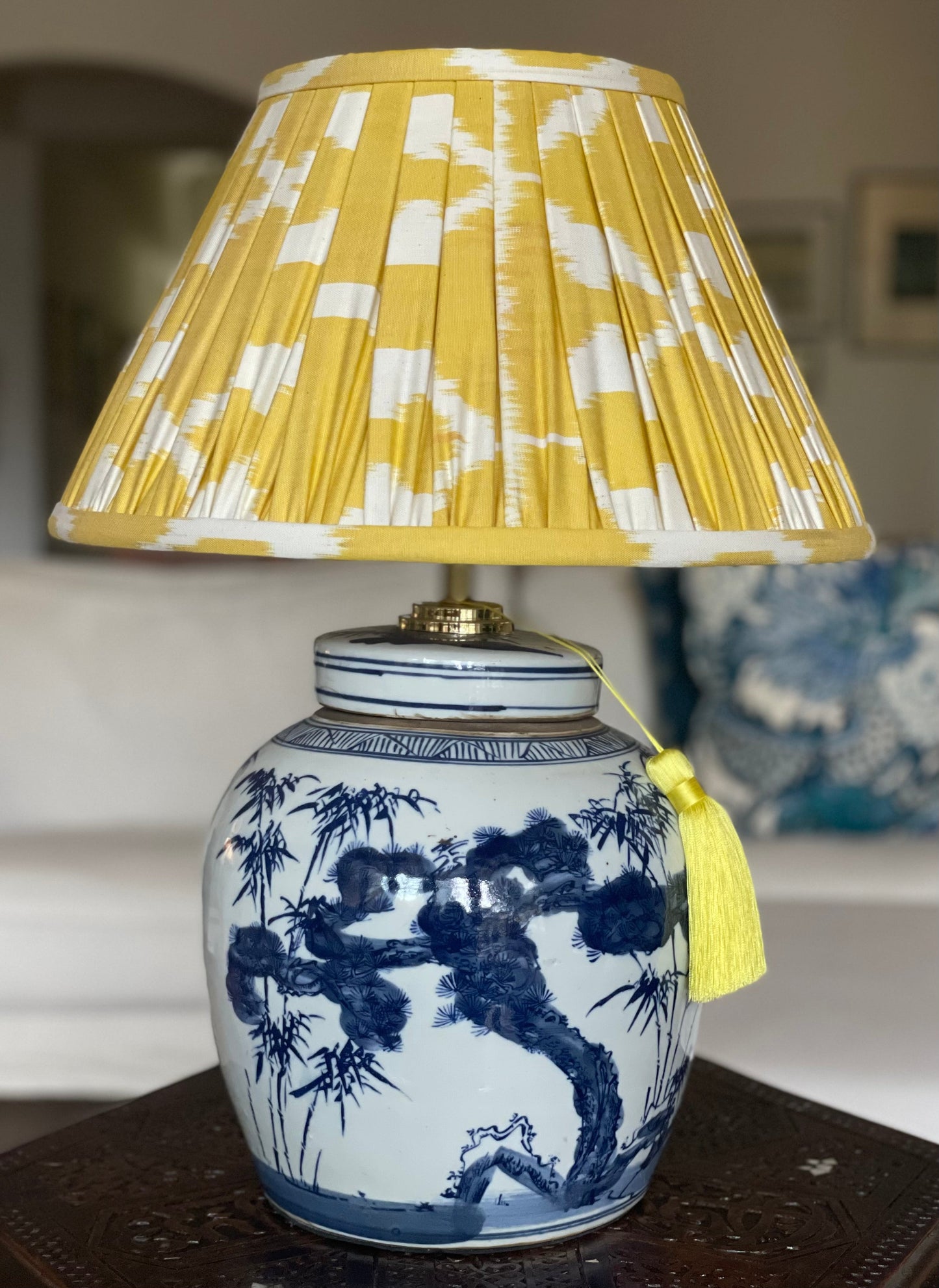 Dandelion Silk Ikat Gathered Lamp Shade with Bamboo PIne base