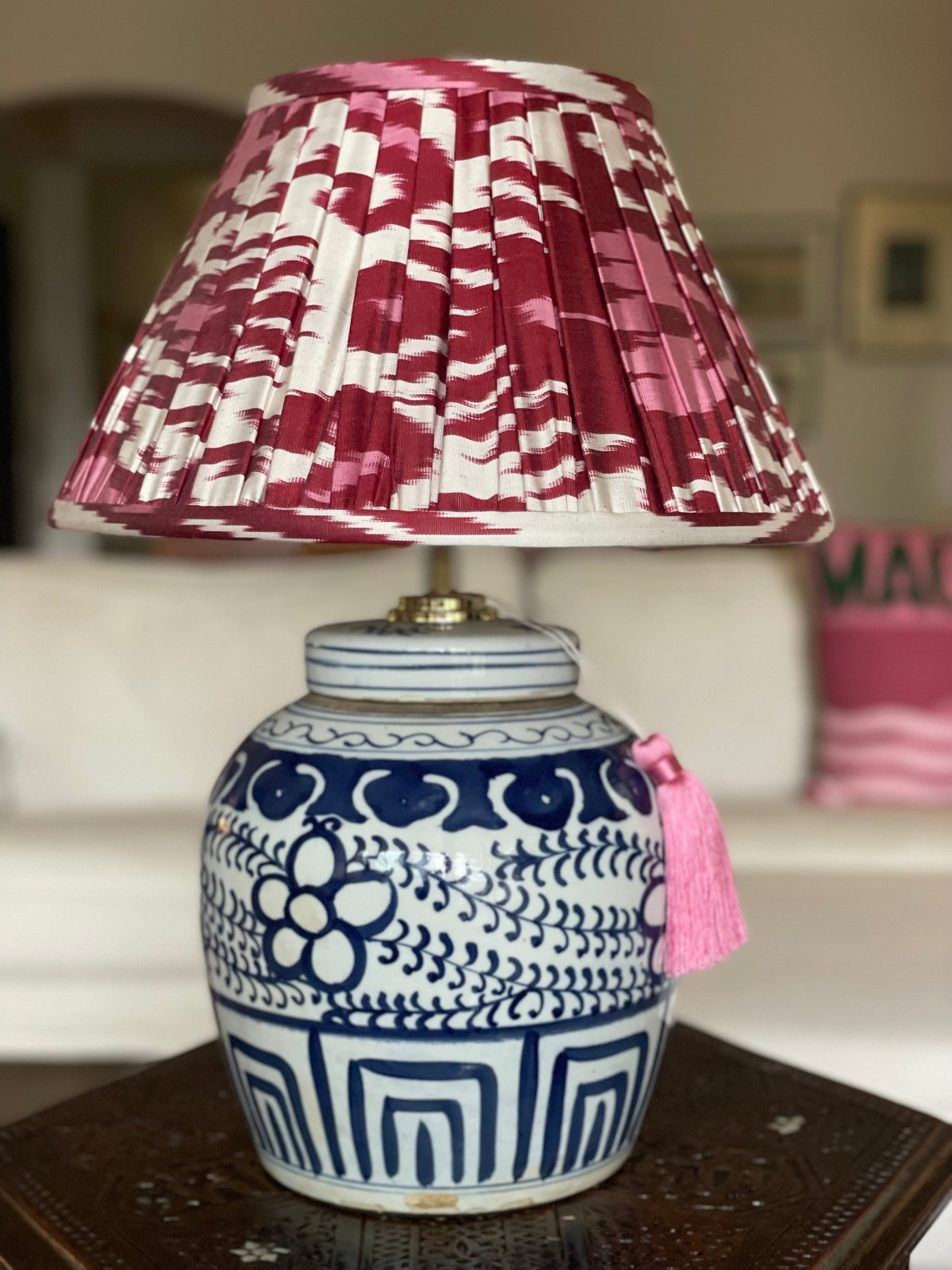Garnet Silk Ikat Gathered Lamp Shade with Ruyi lamp base