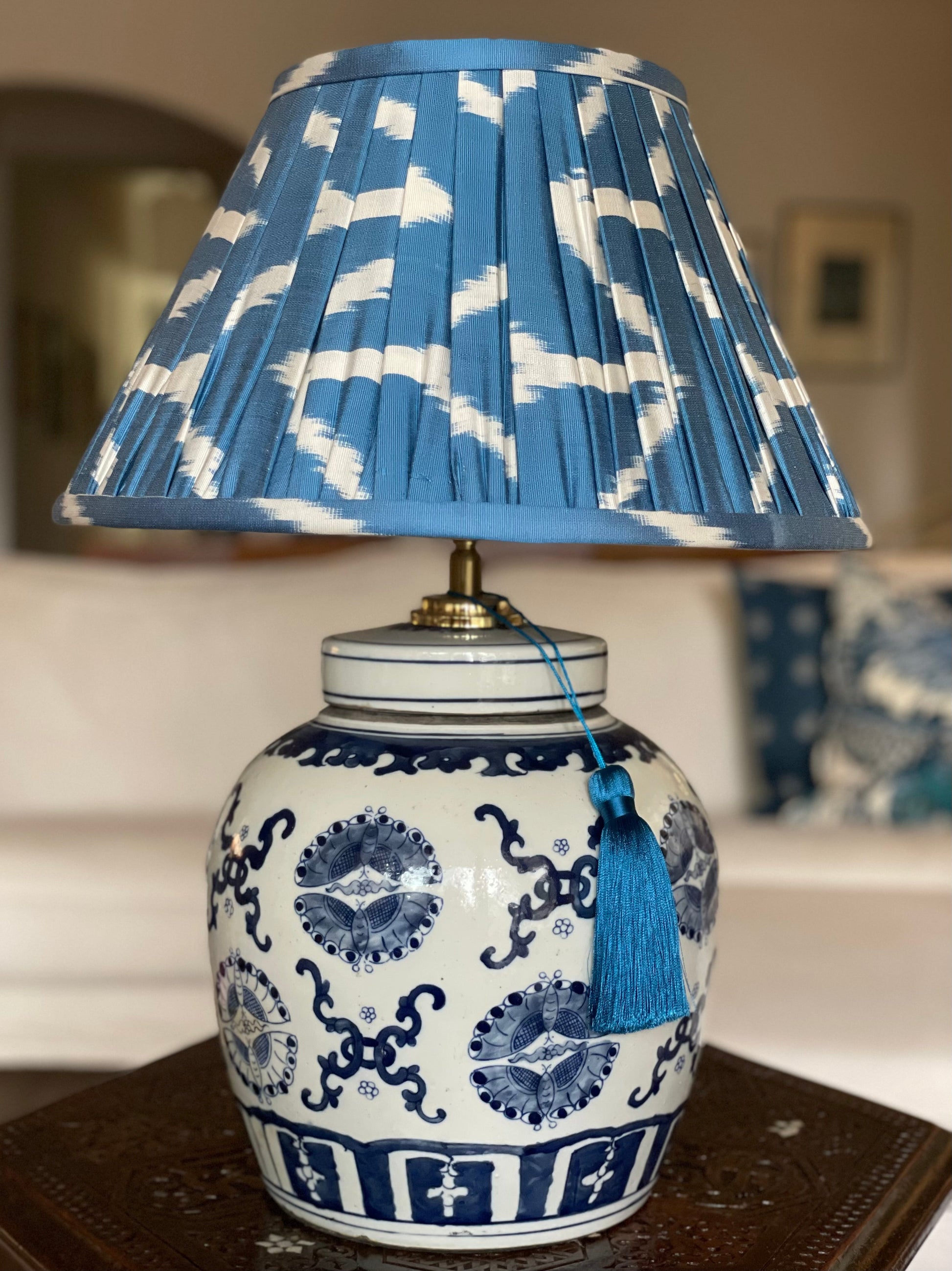 Sapphire Silk IKat Lamp Shade with Butterfly Pairs ginger jar lamp