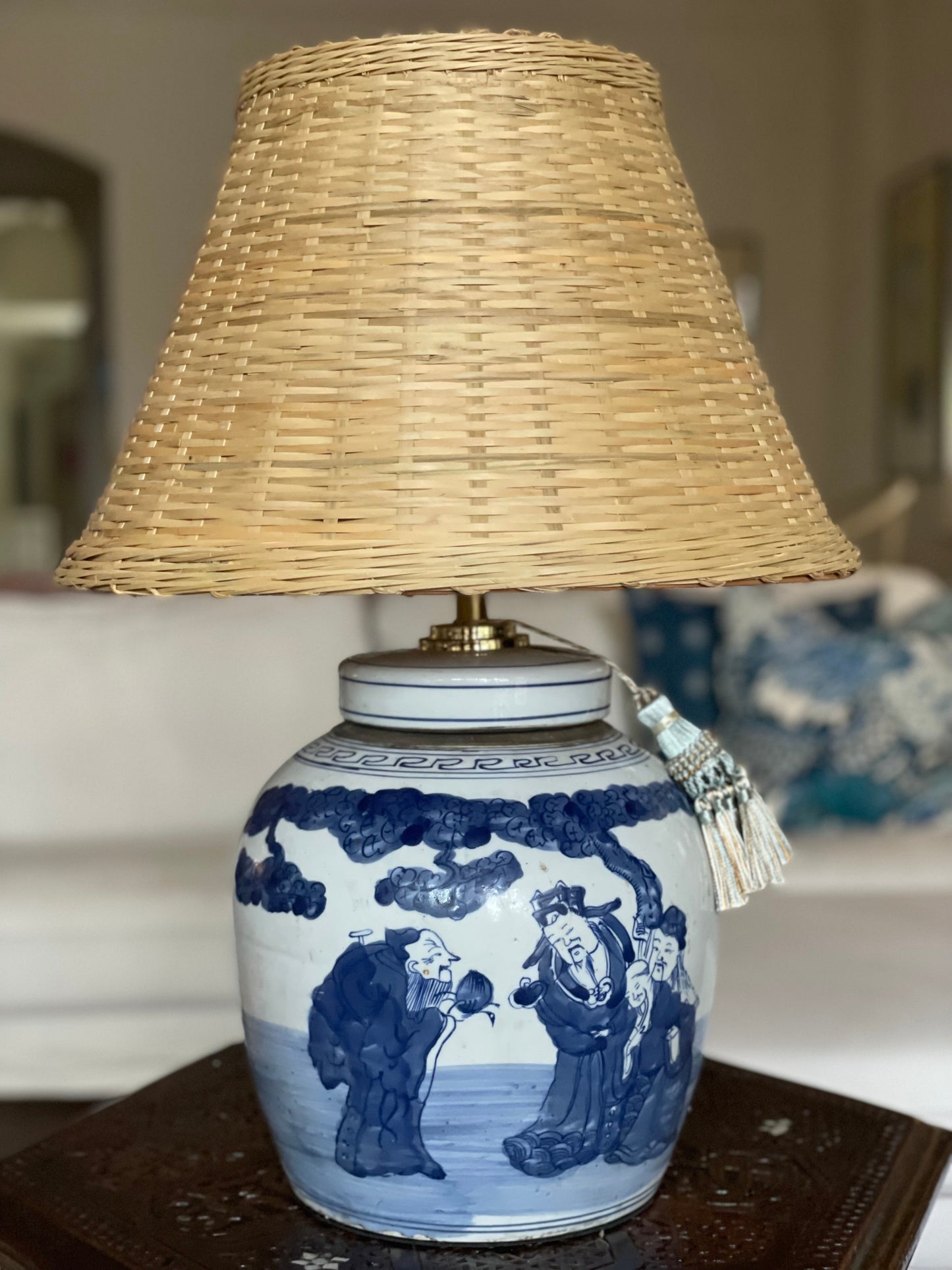 Bamboo Woven Lamp Shade with scholars ginger jar lamp base