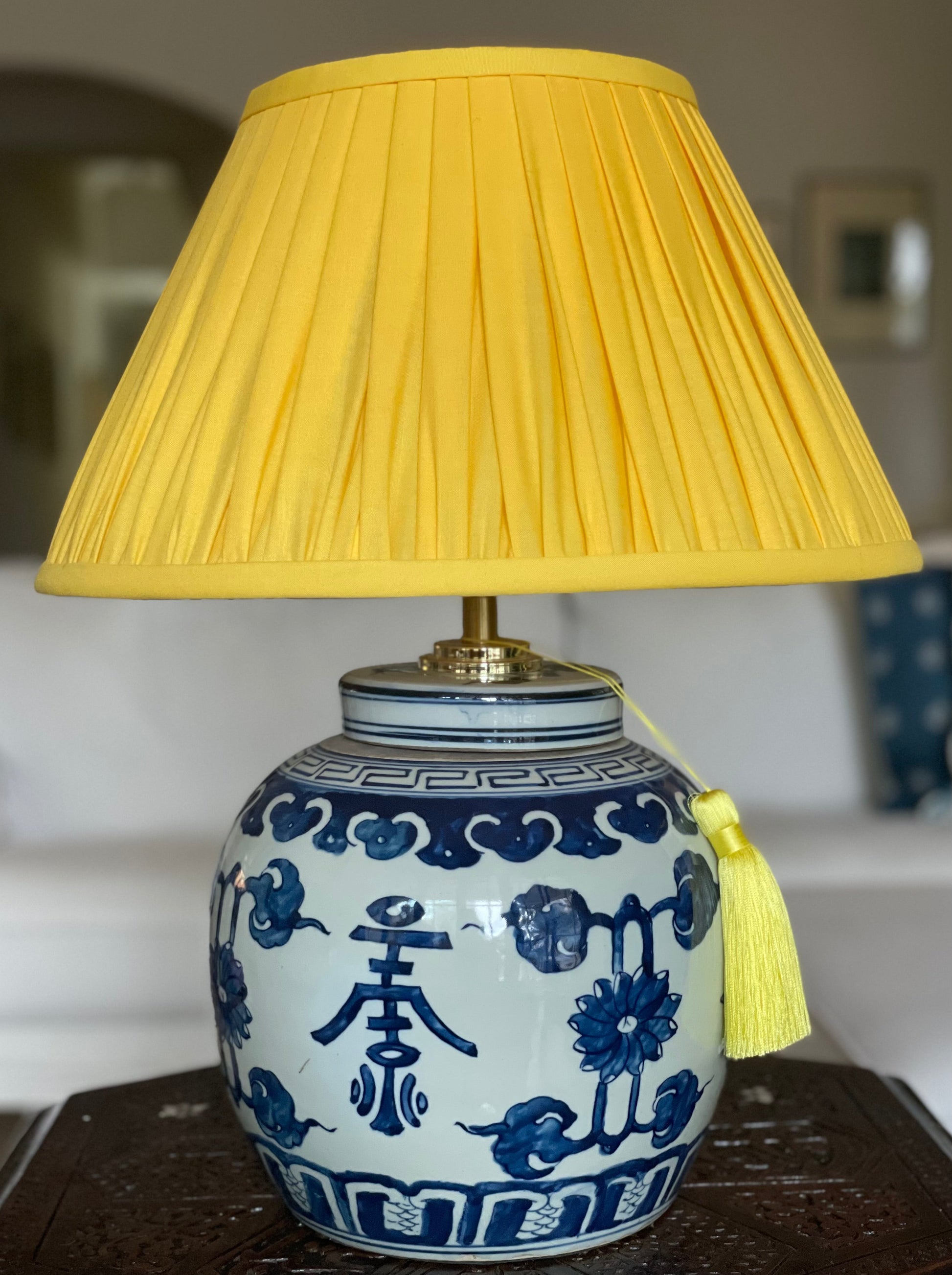 Sunrise Yellow Linen Lamp Shade with Shou Ginger Jar lamp Base