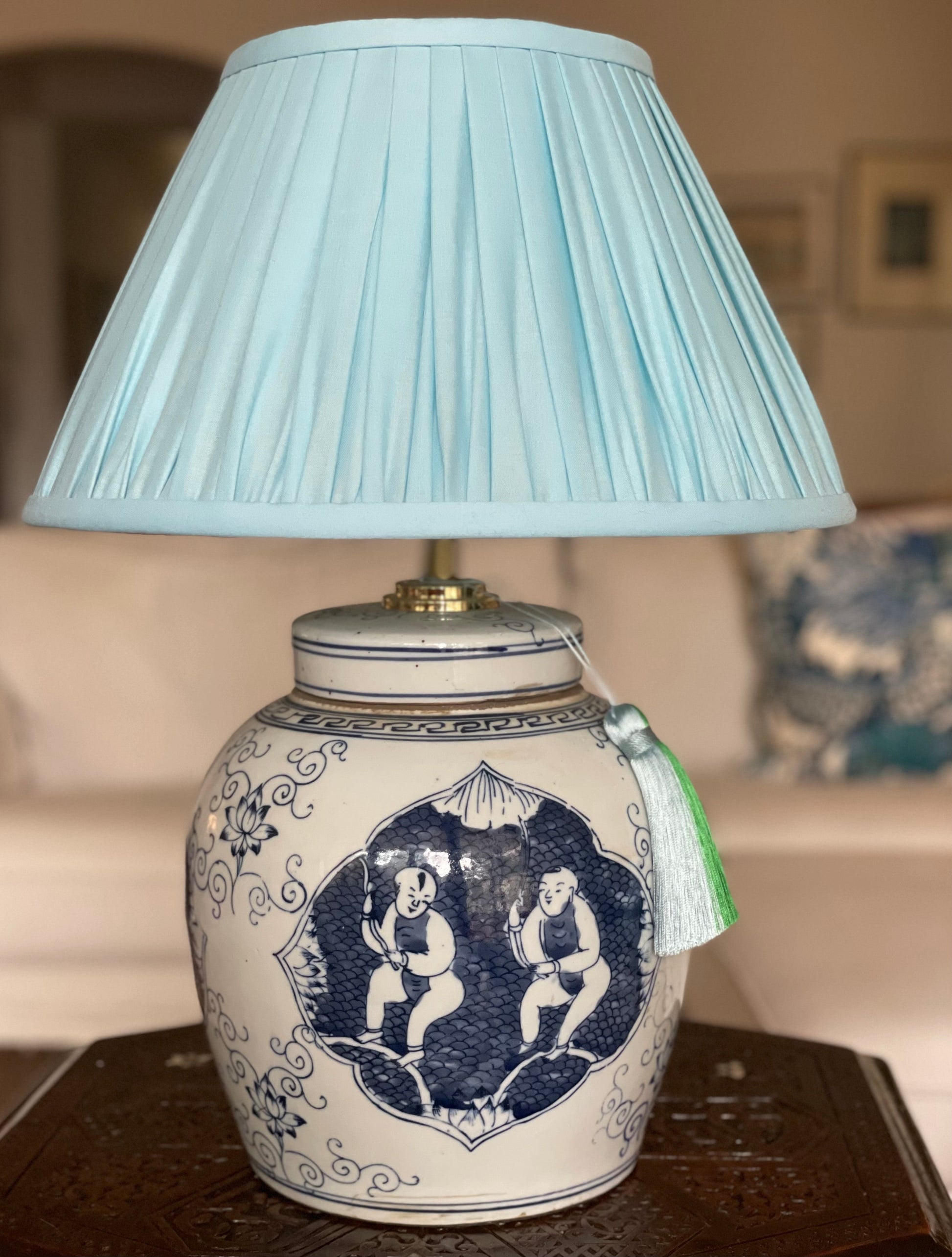 Sky Linen Lamp Shade with Cherubs ginger jar lamp base