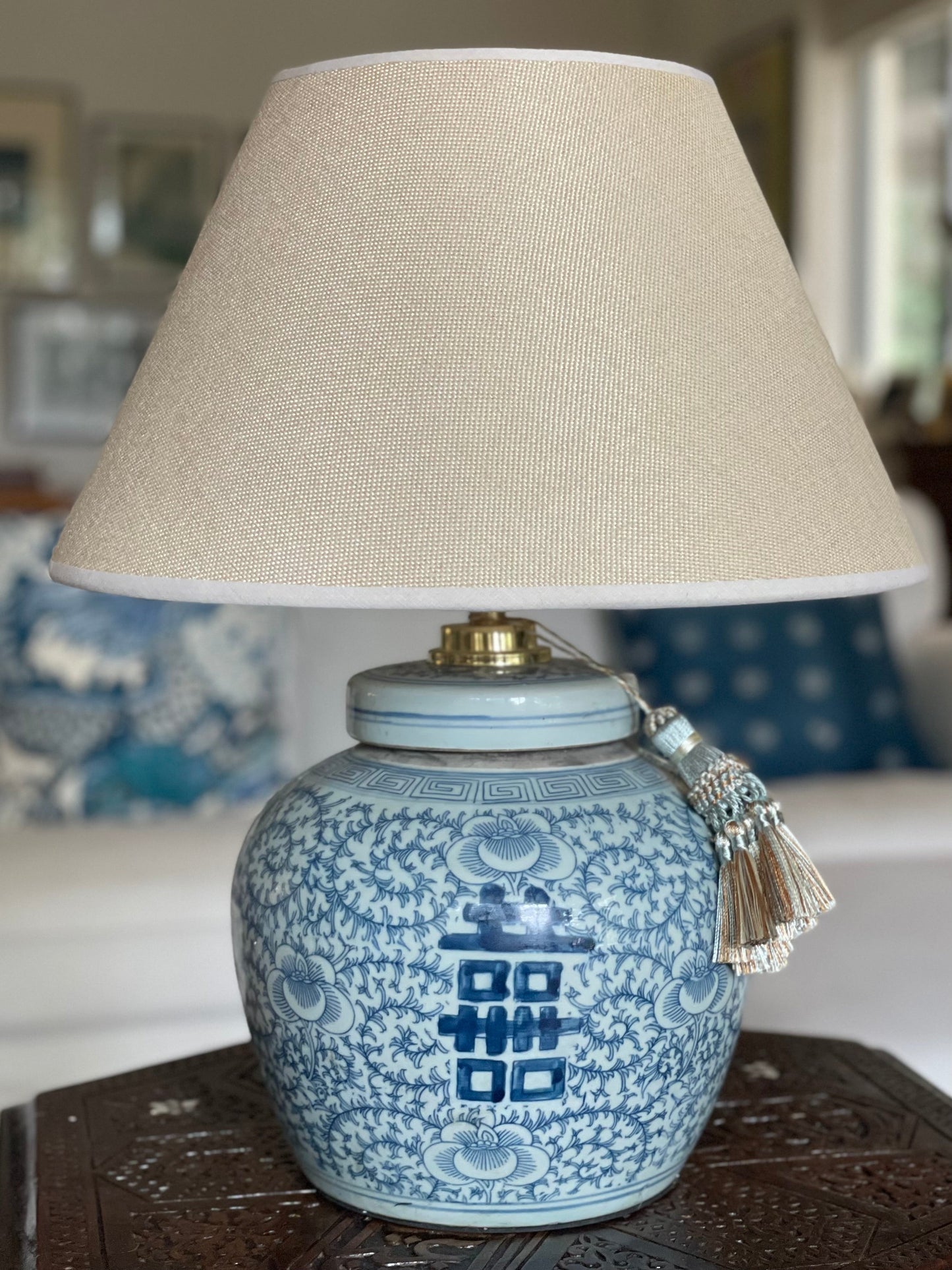 Woven Linen Lamp Shade with double happiness ginger jar lamp base