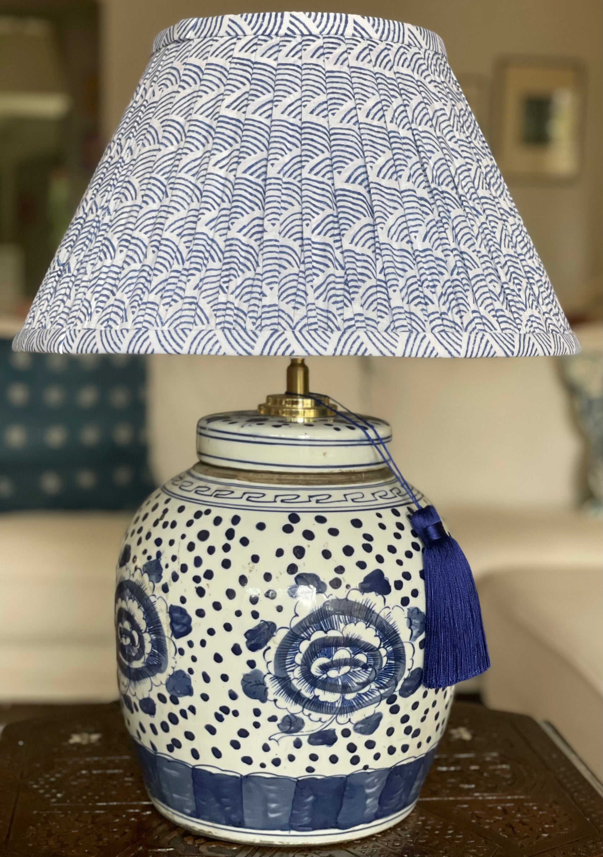 Indigo Wave Block-Print Cotton Gathered Lamp Shade with Peony Polkadot lamp