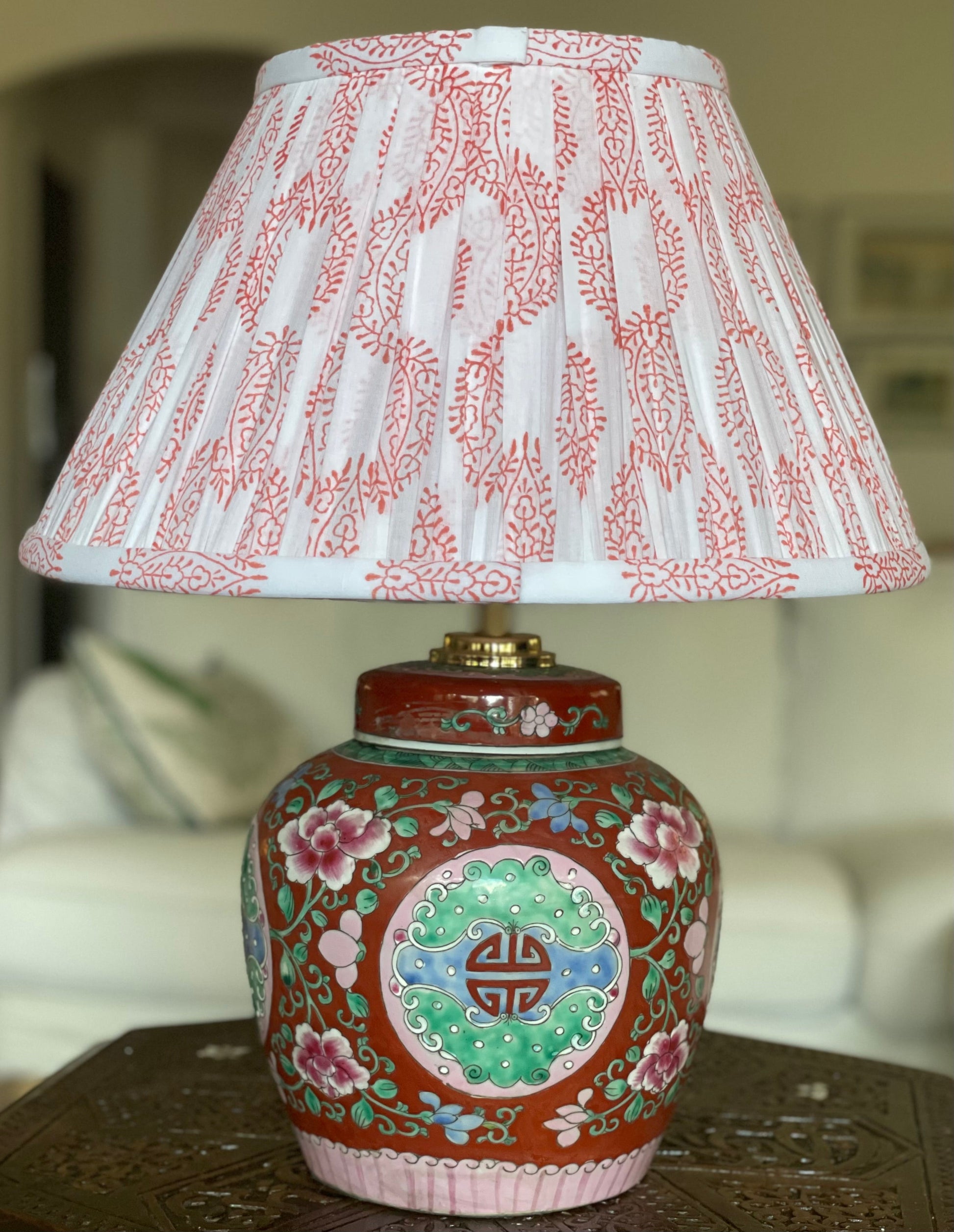 Coral Paisley Block-Print Cotton Gathered Lamp Shade with red lamp 