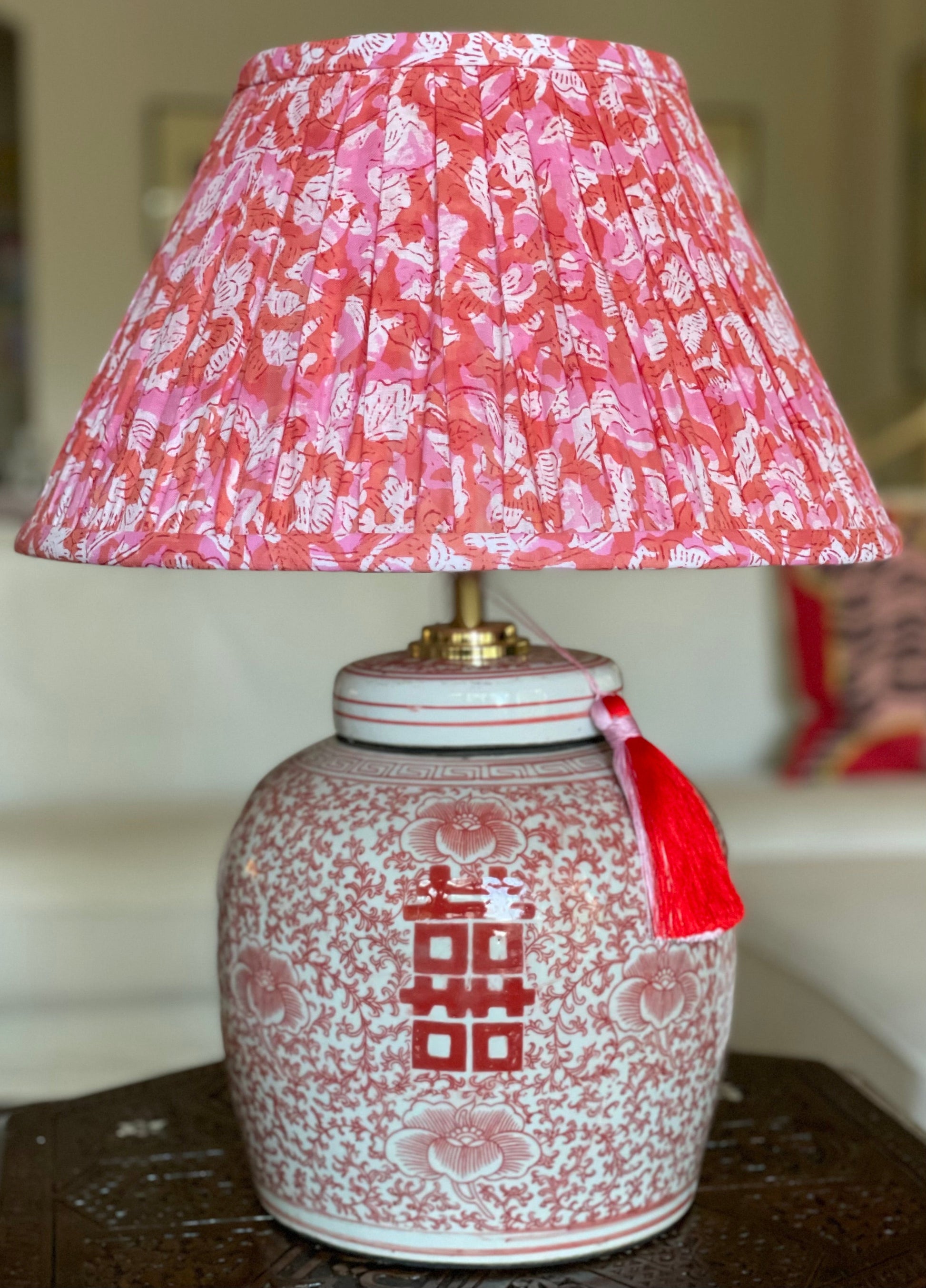 Watermelon Block-Print Cotton Gathered Lamp Shade with coral double happiness lamp base