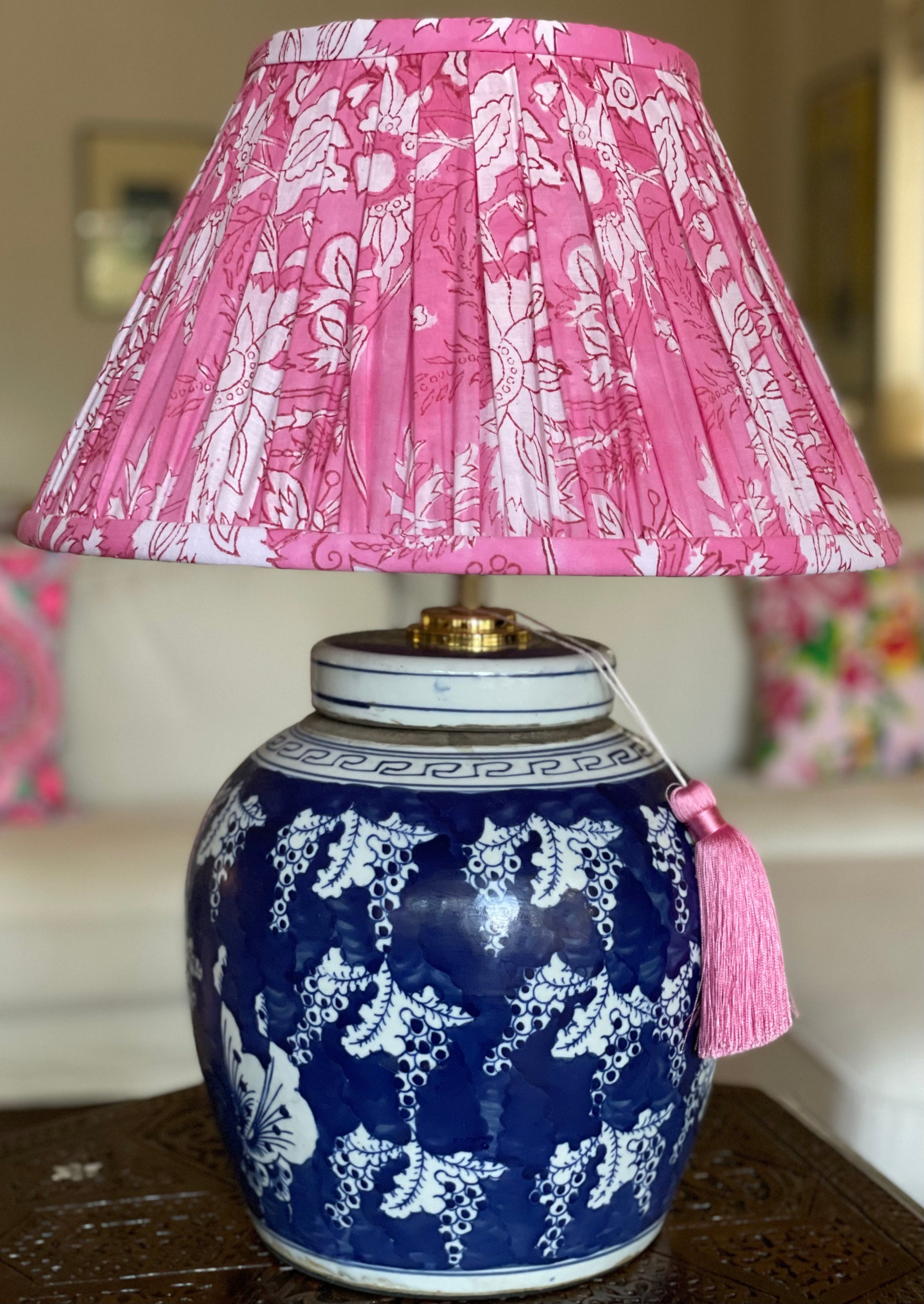Thulian Block-Print Cotton Gathered Lamp Shade with Butterflies base