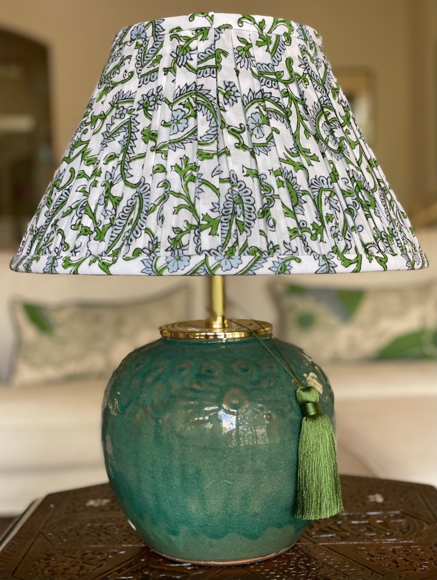 Grass Paisley Block-Print Cotton Gathered Lamp Shade with Hunan base