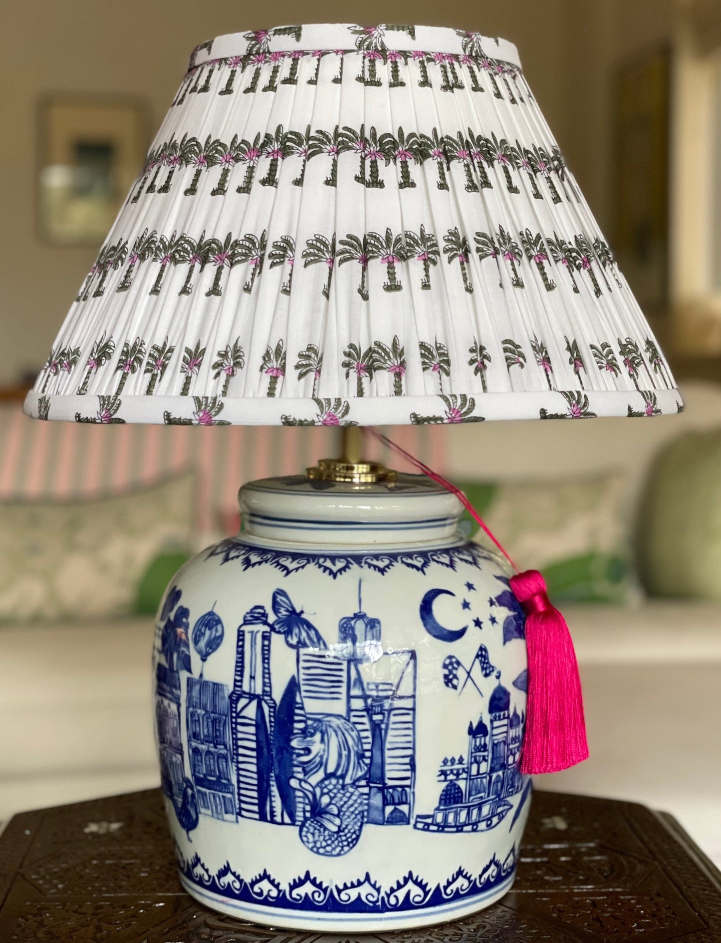 Desert Palm Block-Print Cotton Gathered Lamp Shade with Singapore Celebration Lamp