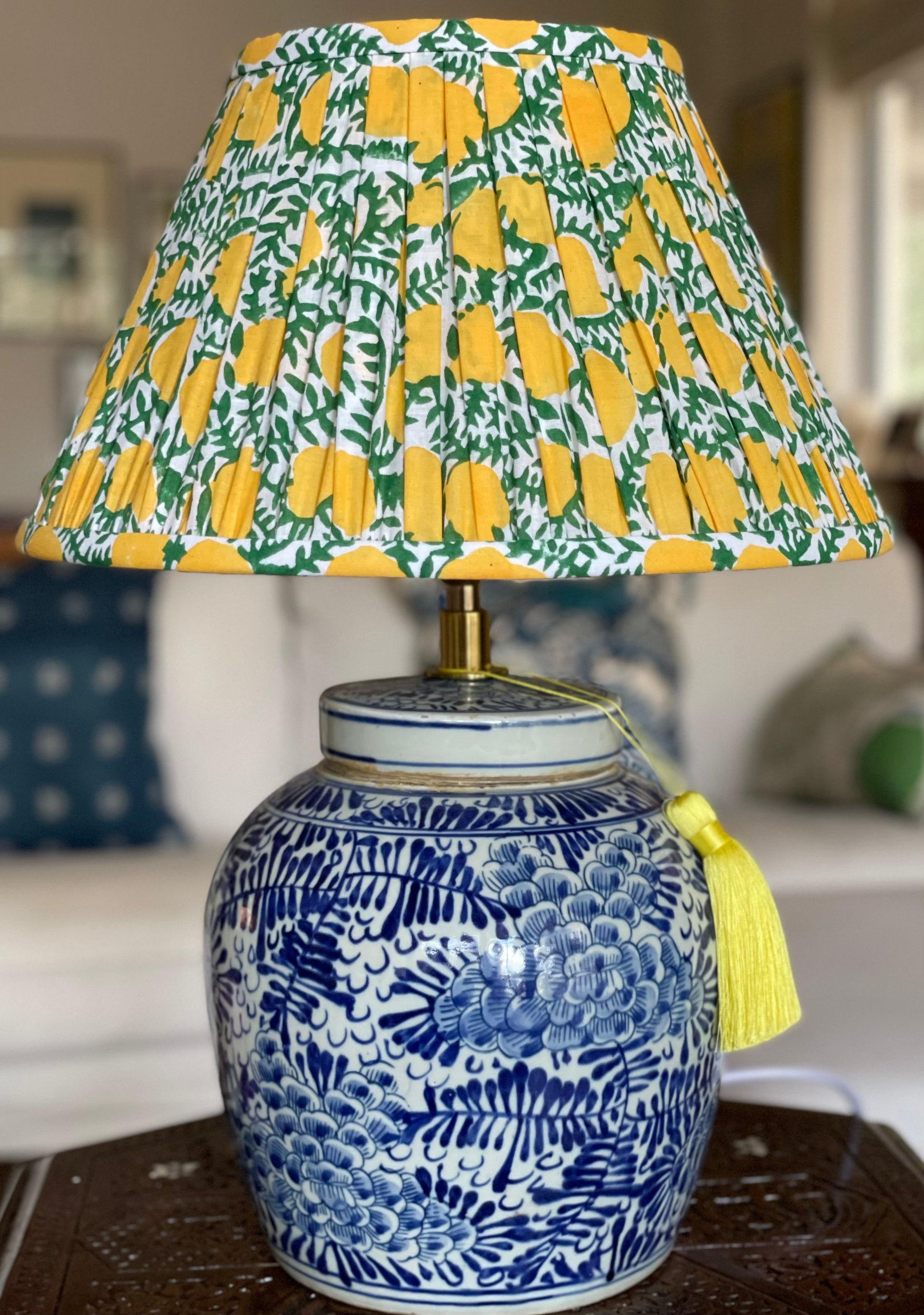 Lemon Grove Block-Print Cotton Gathered Lamp Shade with Evregreen base