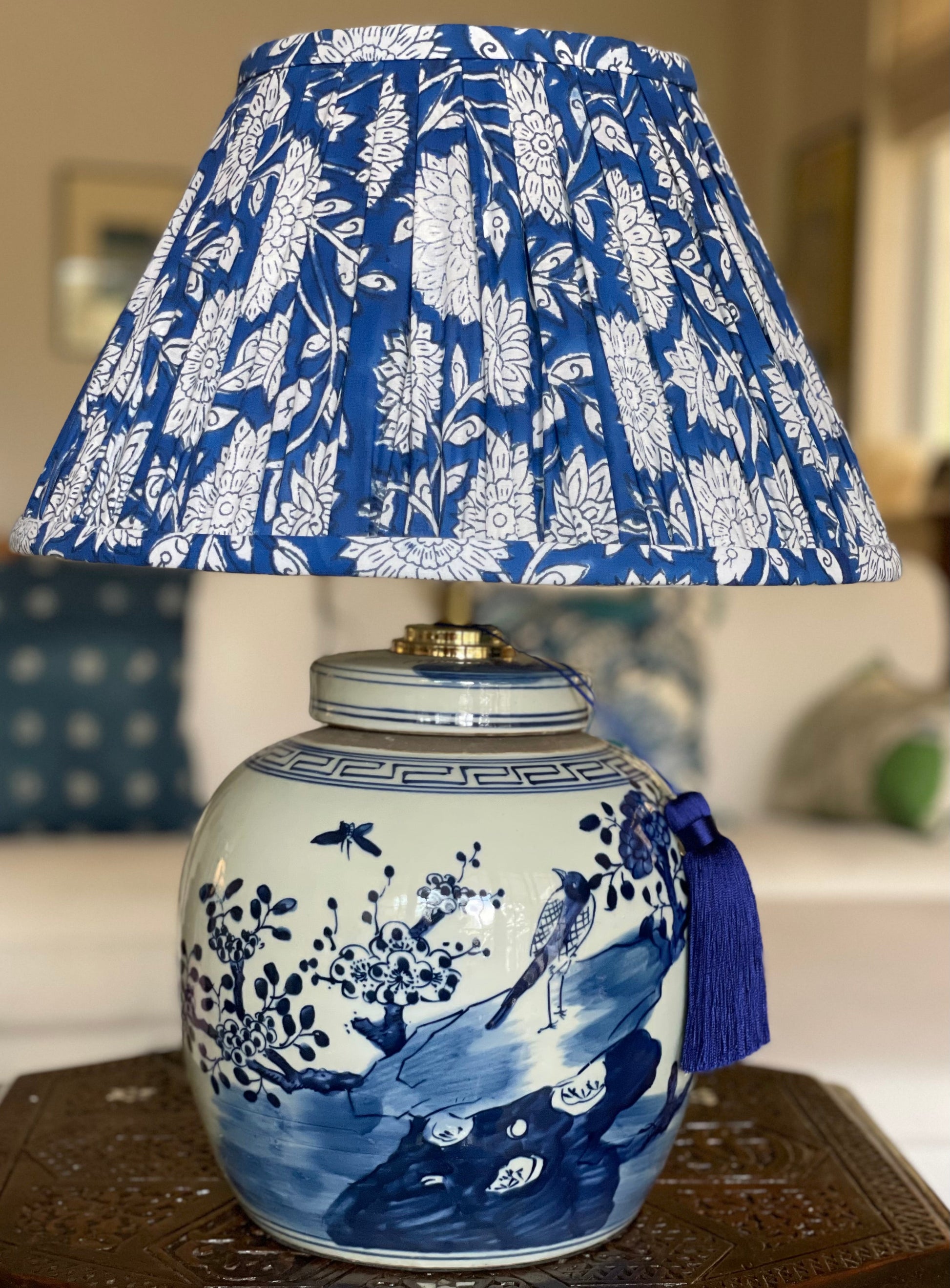 Lapis Block-Print Cotton Gathered Lamp Shade with Bird lamp