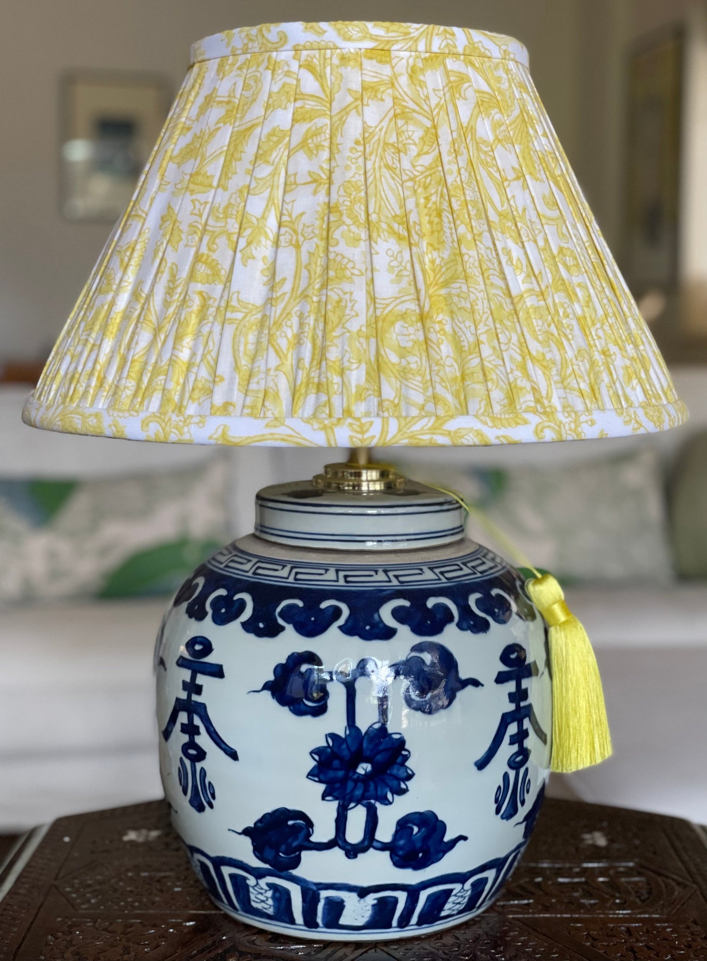 Buttercup Block-Print Cotton Gathered Lamp Shade with Shou base