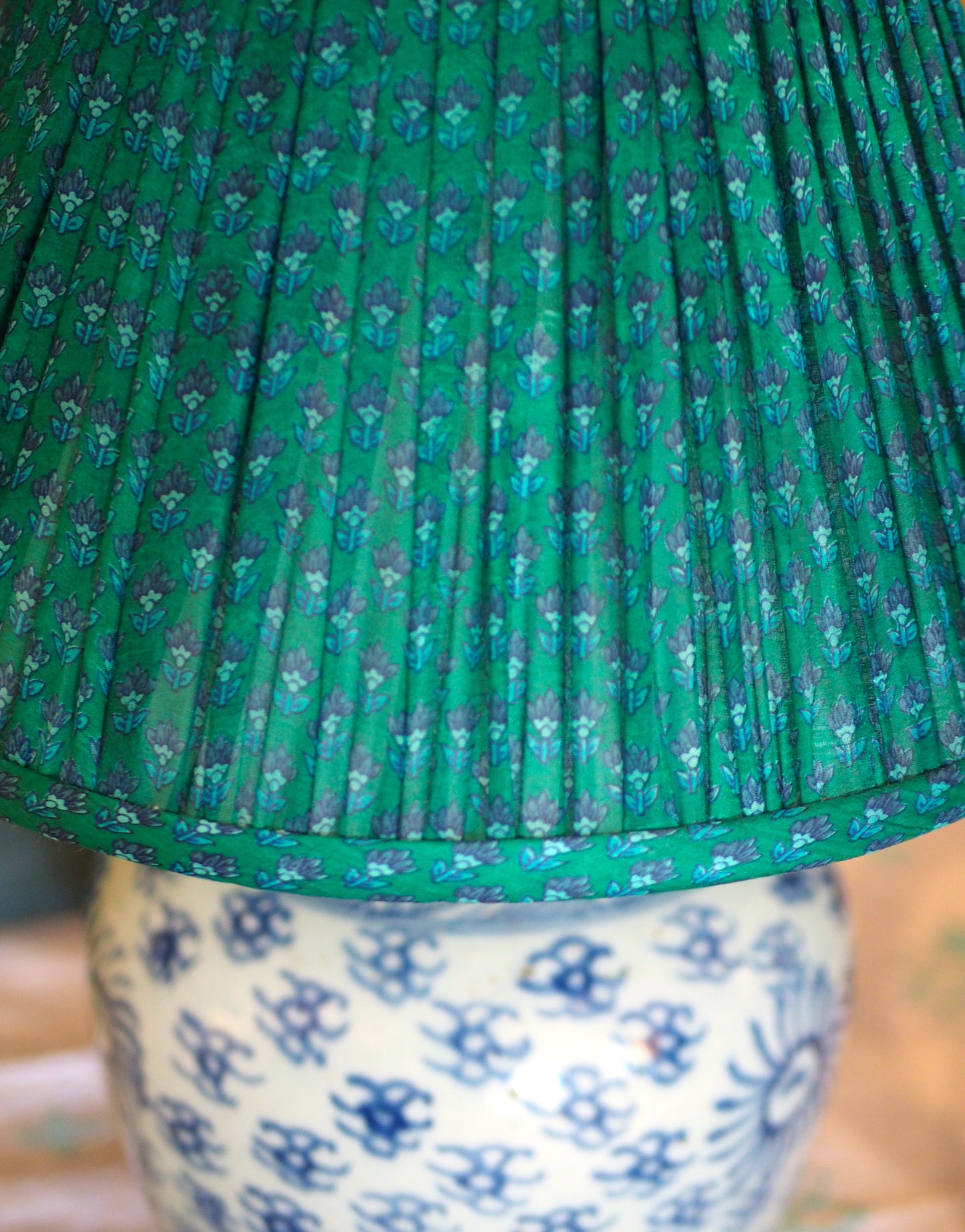 Sun ginger jar lamp base with green silk sari shade