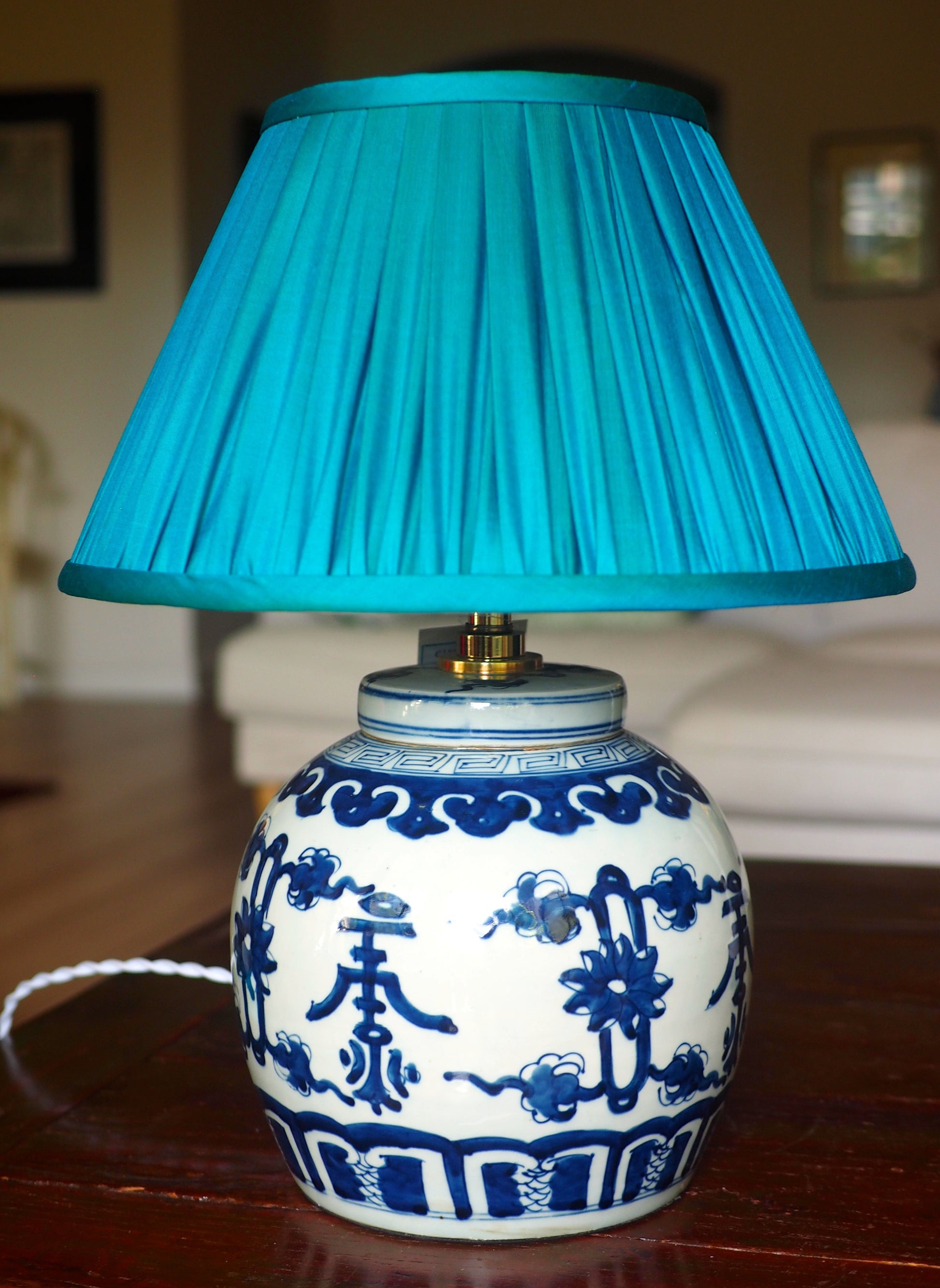 Peacock Thai Silk Gathered Lamp Shade with shou base