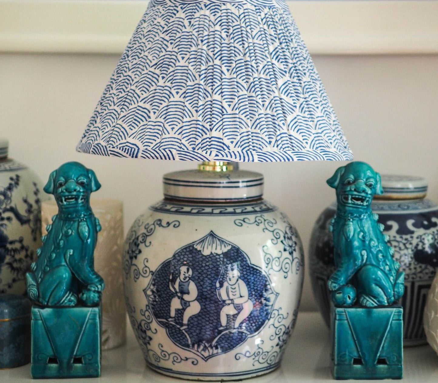 Cherubs ginger jar base with woodblock indigo wave shade