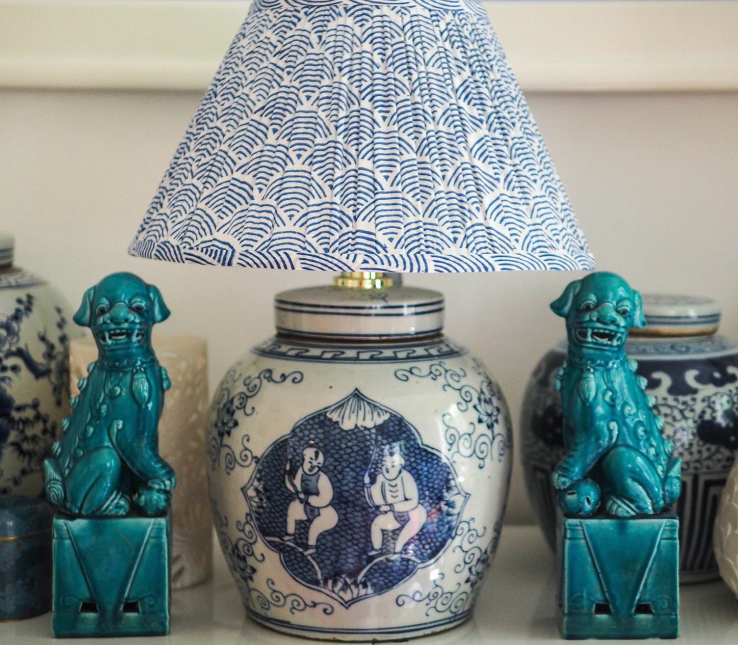 Cherubs ginger jar base with woodblock indigo wave shade