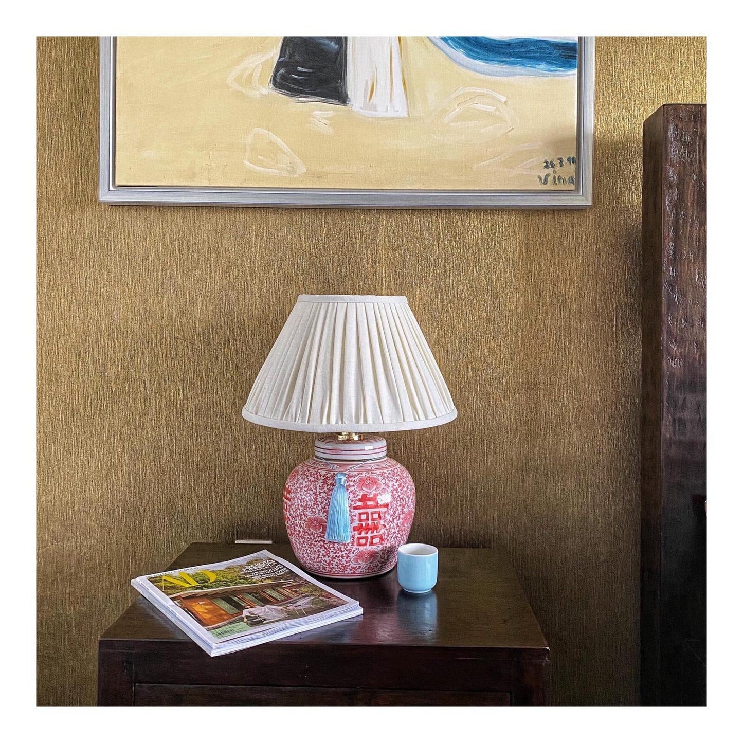 coral double happiness ginger jar base and buttermilk linen lamp shade 